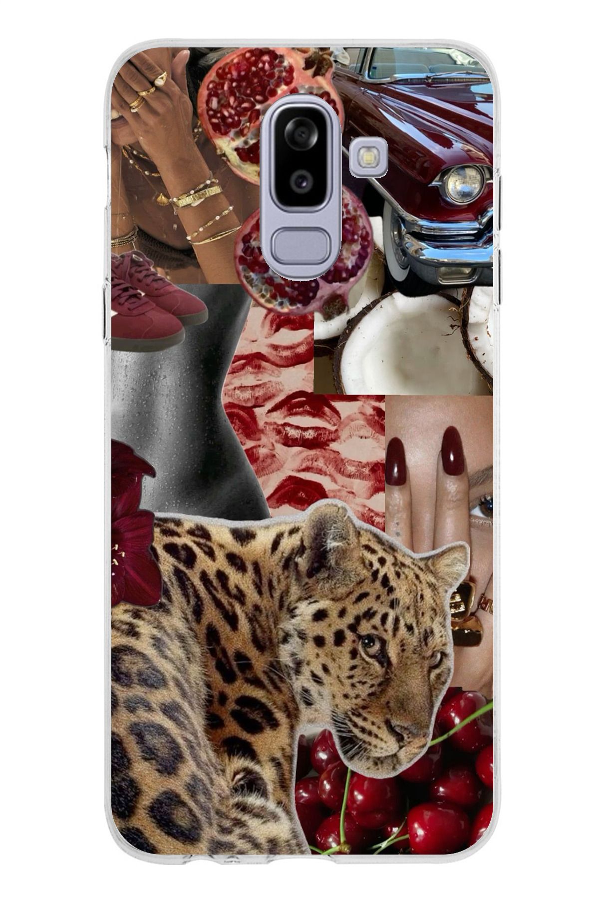 TechTree Samsung Galaxy J8 - A6 PLUS Uyumlu Leopar Kırmızı Vibes Şeffaf Silikon Kılıf