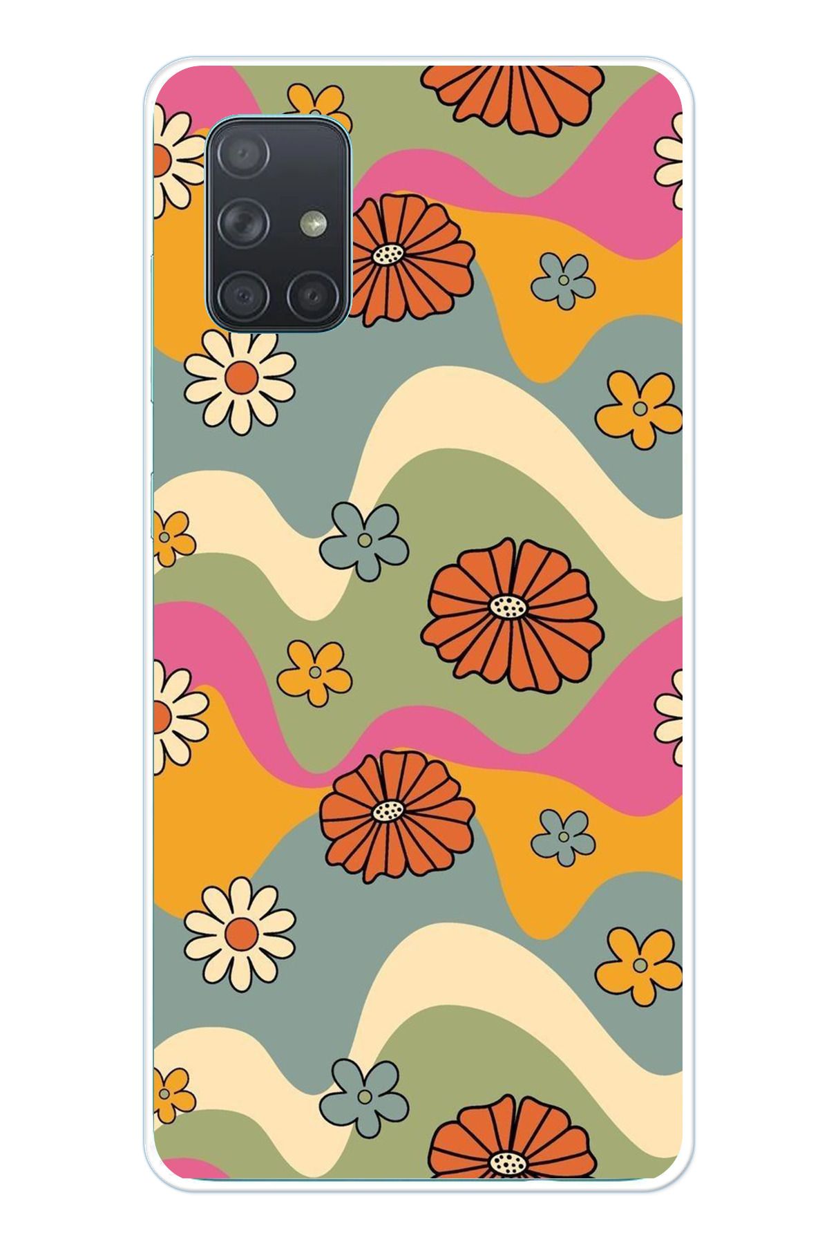 TechTree Samsung Galaxy A71 Uyumlu Renkli Retro Çiçekler Tasarımlı Şeffaf Silikon Kılıf