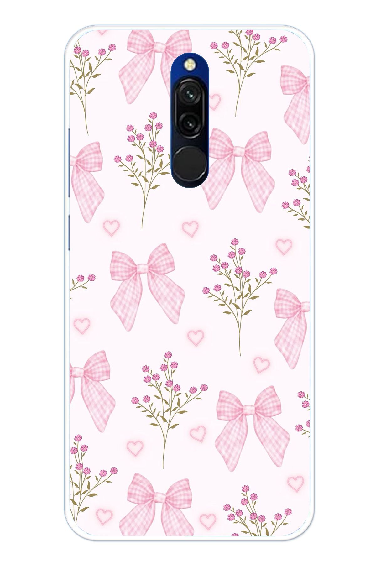 TechTree Redmi 8 Uyumlu Pembe Çiçek ve Fiyonklar Şeffaf Silikon Kılıf