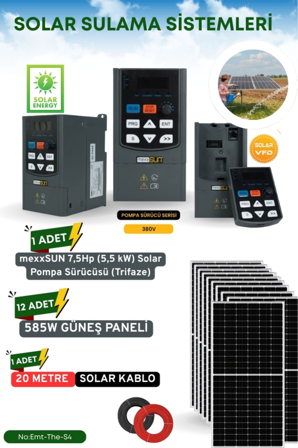 TNL SOLAR GÜNEŞ ENERJİ SULAMA SİSTEMİ MEXSUNN 7.5 HP 5.5 KW TRİFAZE SOLAR POMPA SÜRÜCÜSÜ 585 W Güneş