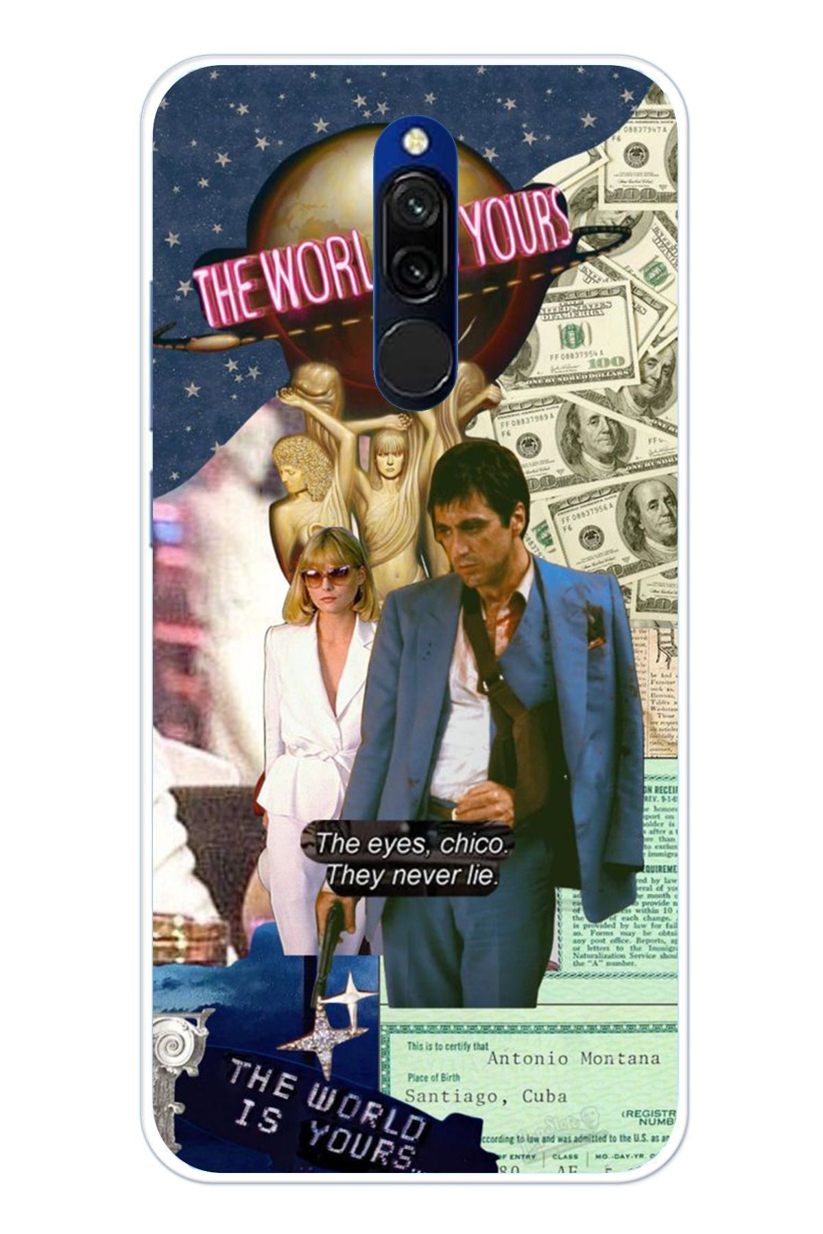 TechTree Redmi 8 Uyumlu Elvira Hancock & Tony Montana Tasarımlı Şeffaf Silikon Kılıf
