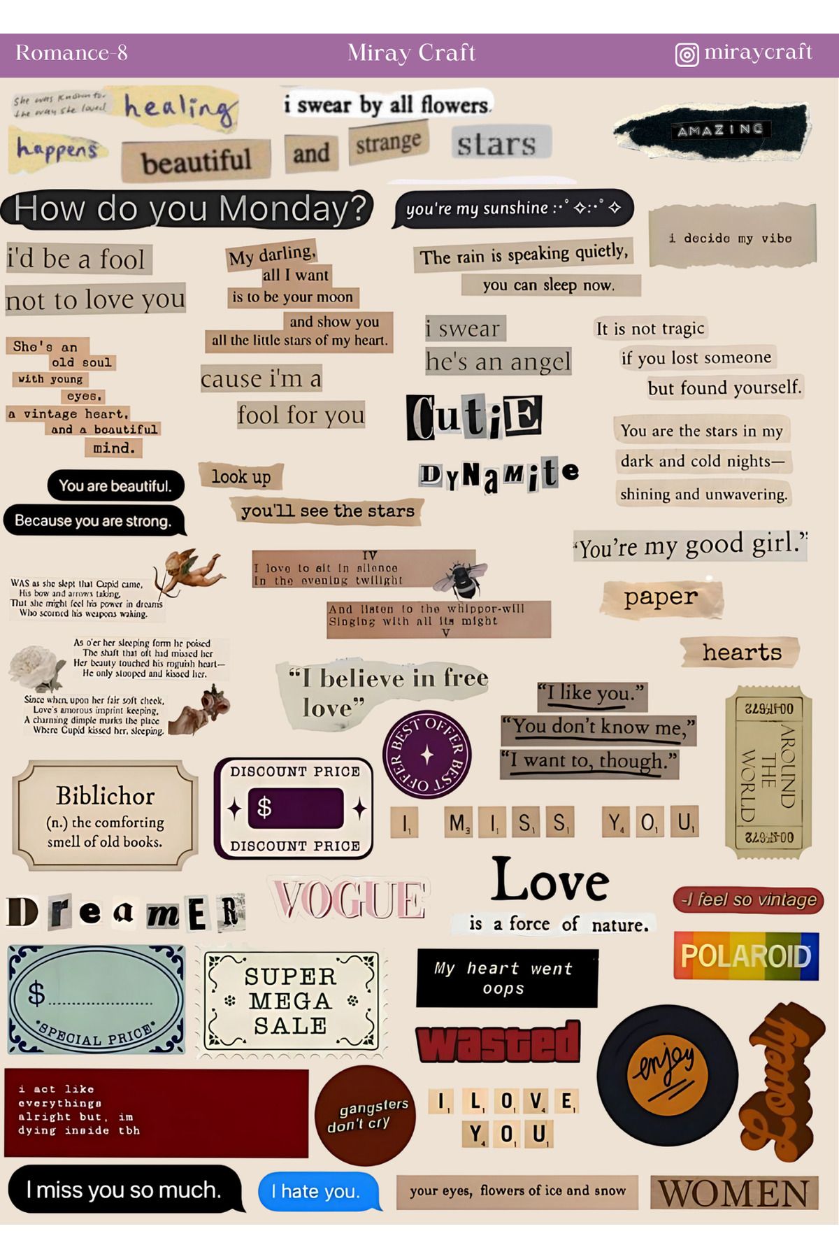 MirayDesign 1 Adet Aşk Notları Temalı Sticker (12x17 cm) Bullet Journal, Scrapbook, Ajanda ve Planlayıcı İçin