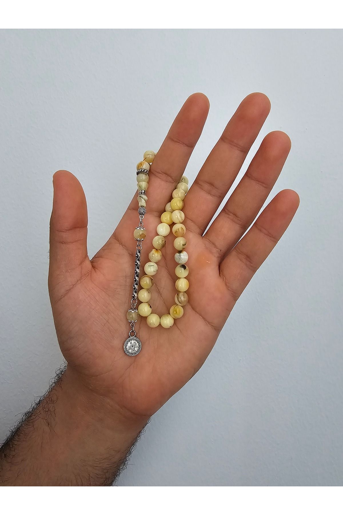 Zivazer Store Doğal damla kehribar fosilli 33'lük küre kesim bilek boy tesbih 7,6x7,6mm