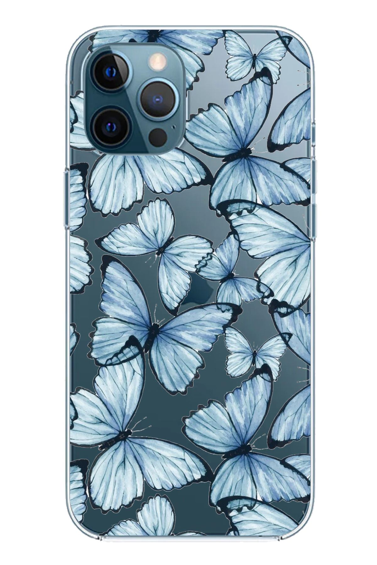 TechTree iPhone 12 Pro Max Uyumlu Mavi Kelebekler Tasarımlı Şeffaf Silikon Kılıf