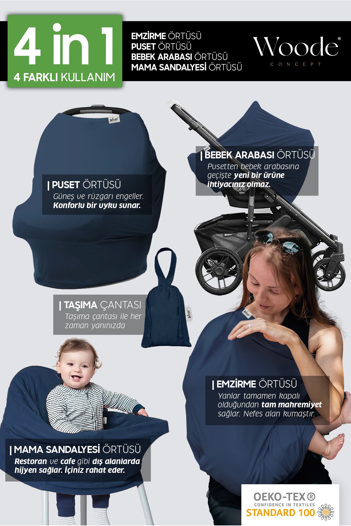 Woode Çok Amaçlı 4 in 1 Emzirme, Puset, Bebek Arabası & Mama Sandalyesi Örtüsü