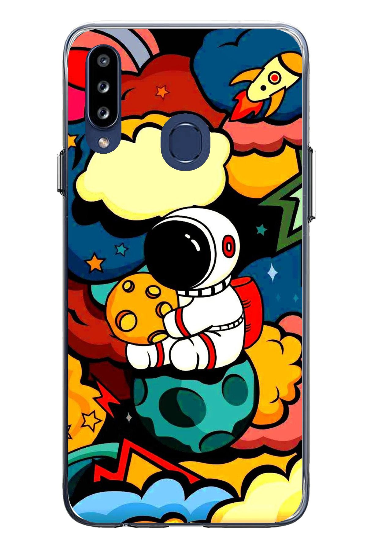 TechTree Samsung Galaxy A20S Uyumlu Renkli Astronot Tasarımlı Şeffaf Silikon Kılıf