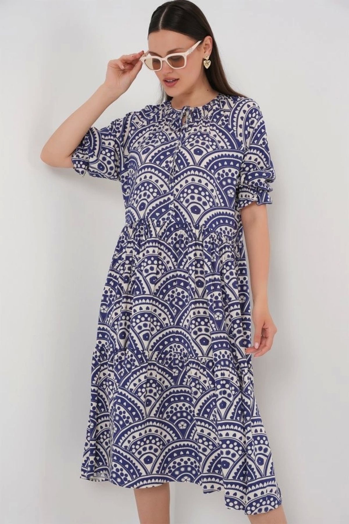 Butik Kısa Kol Desenli Elbise 2553 - İndigo