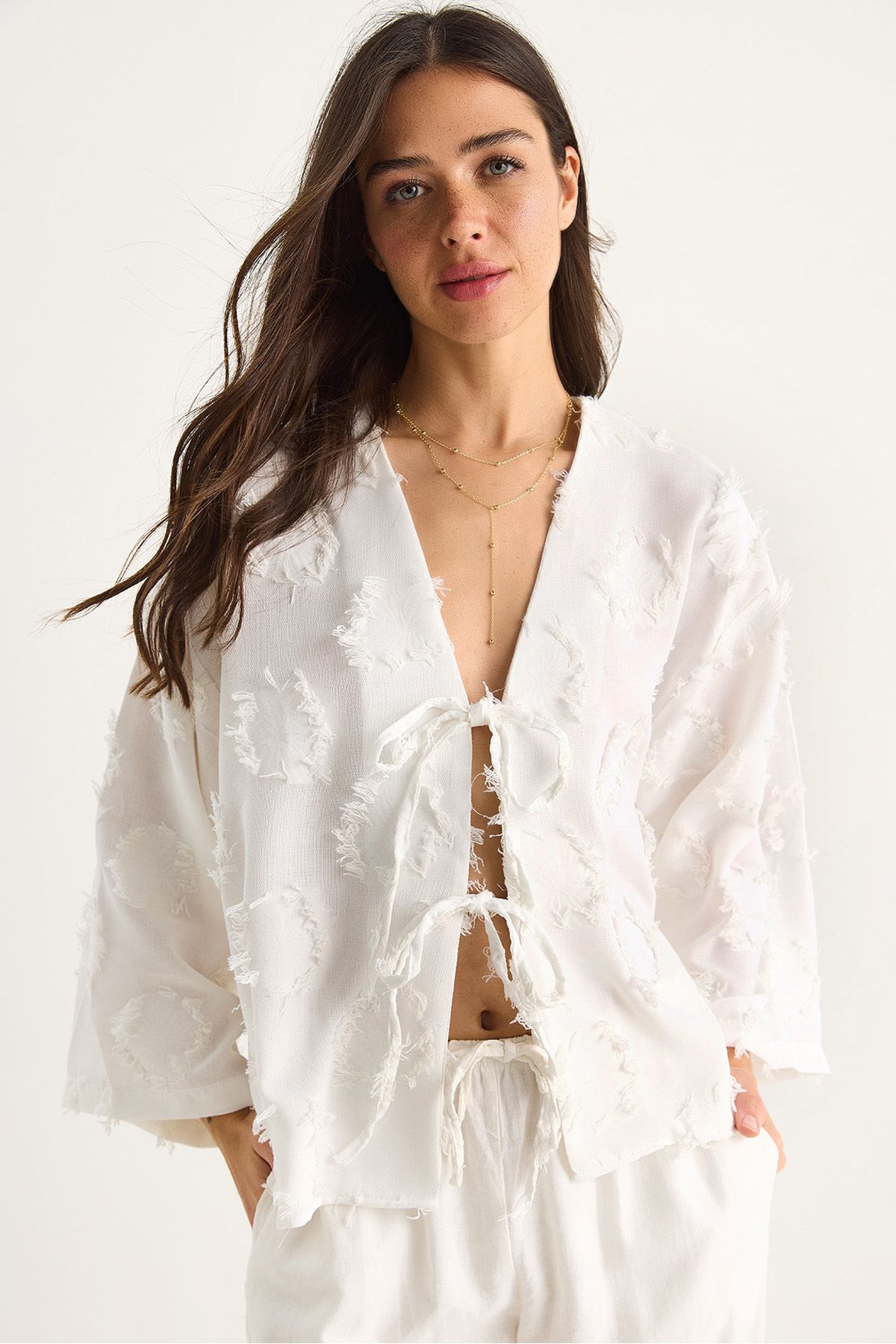 Bianco Lucci Kadın Önü Bağlamalı Kendinden Nakışlı Püsküllü Salaş Kimono 7012-2 60283410