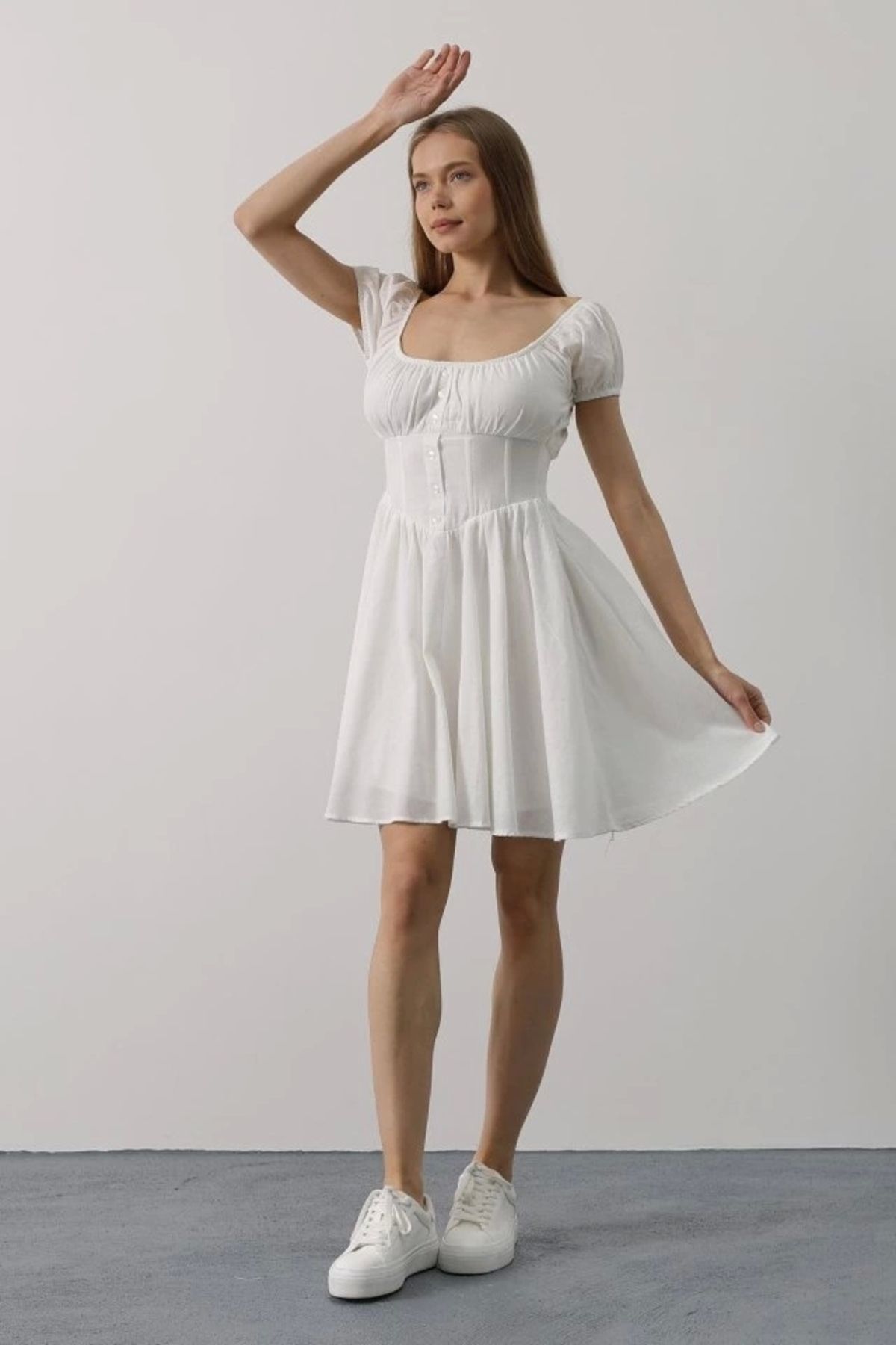 Butik Beli Korseli Mini Elbise - Beyaz