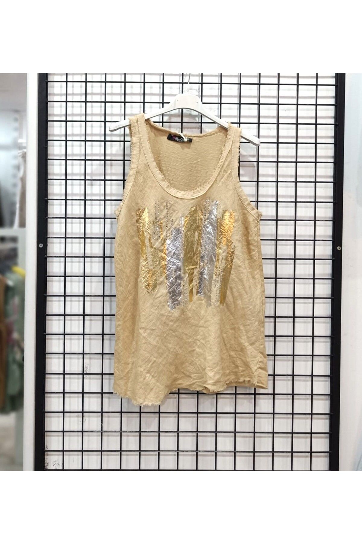 Butik Şans Taşlı Yaldız Baskı Detaylı Saçaklı İtalyan Bluz