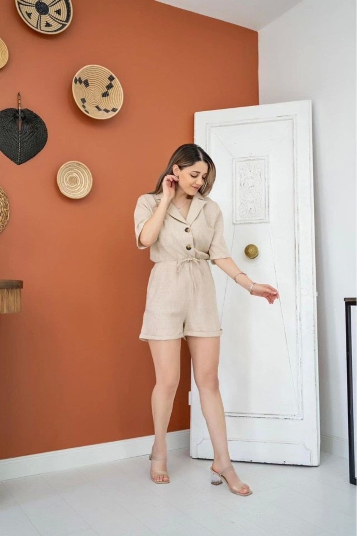 Butik Bej Keten Yazlık Tulum