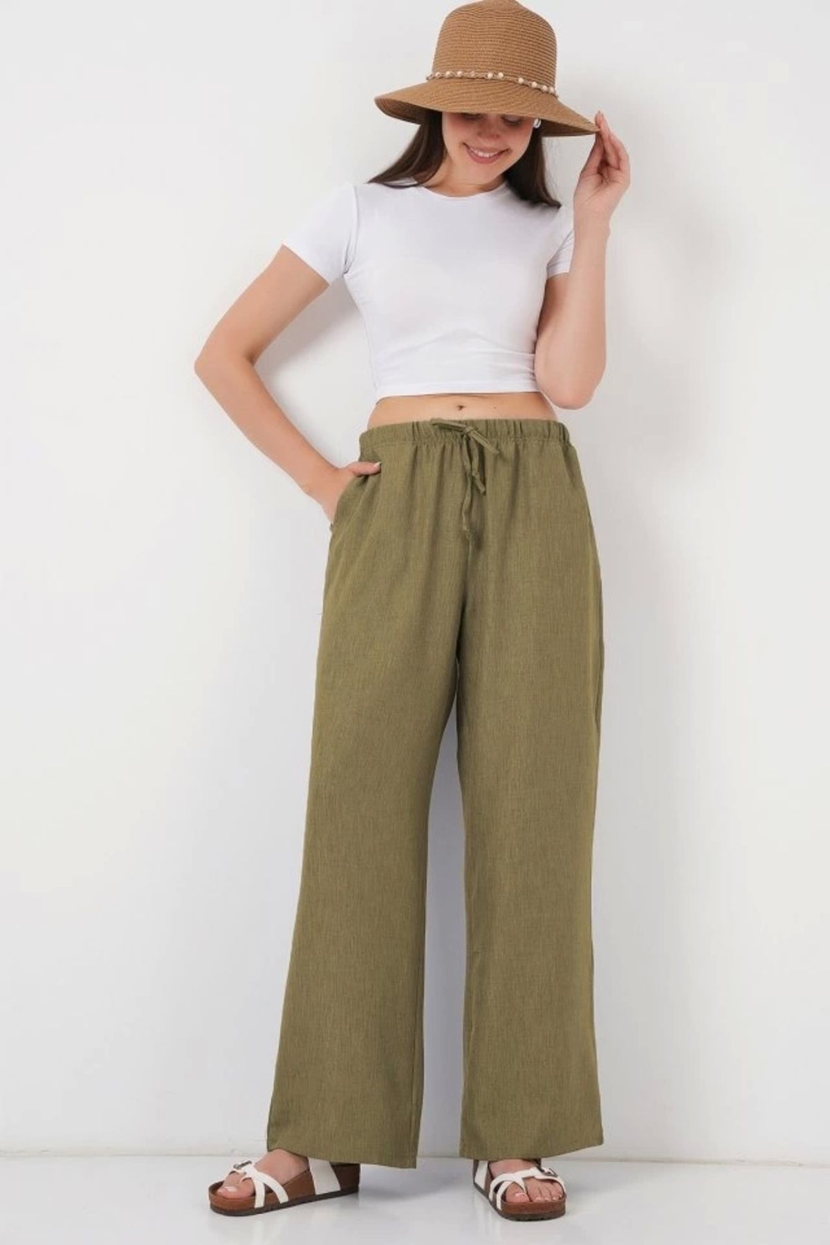 Butik Geniş Paça Keten Pantolon 6735 - Çağla