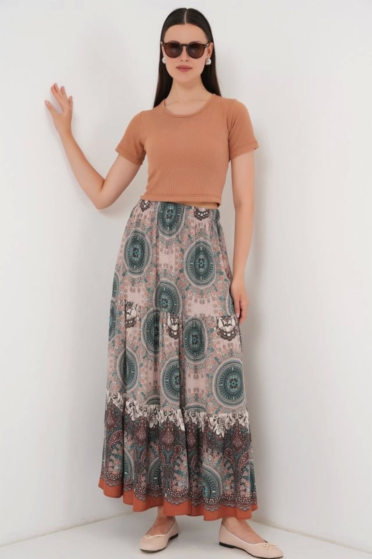 Butik 1898 Desenli Uzun Etek - Zümrüt Yeşili