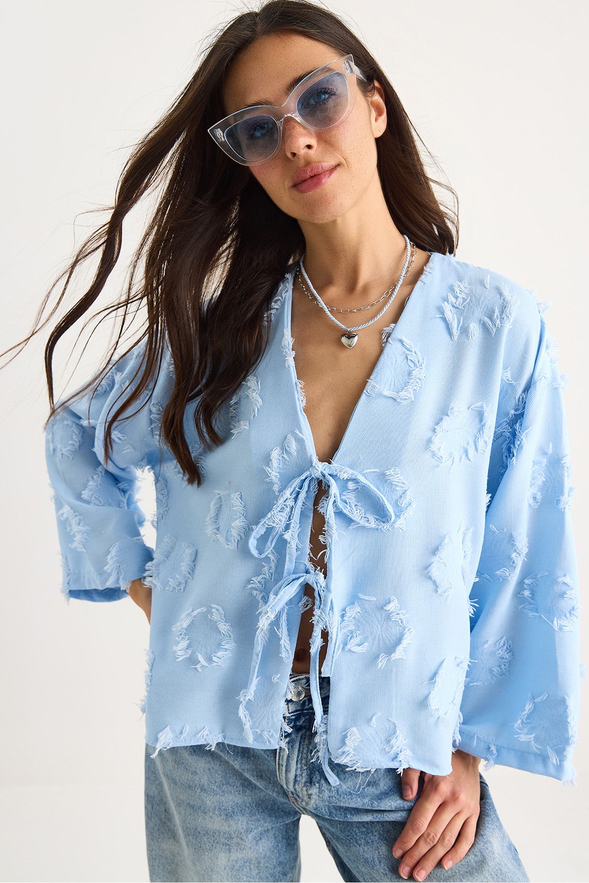 Bianco Lucci Kadın Önü Bağlamalı Kendinden Nakışlı Püsküllü Salaş Kimono 7012-2 60283410