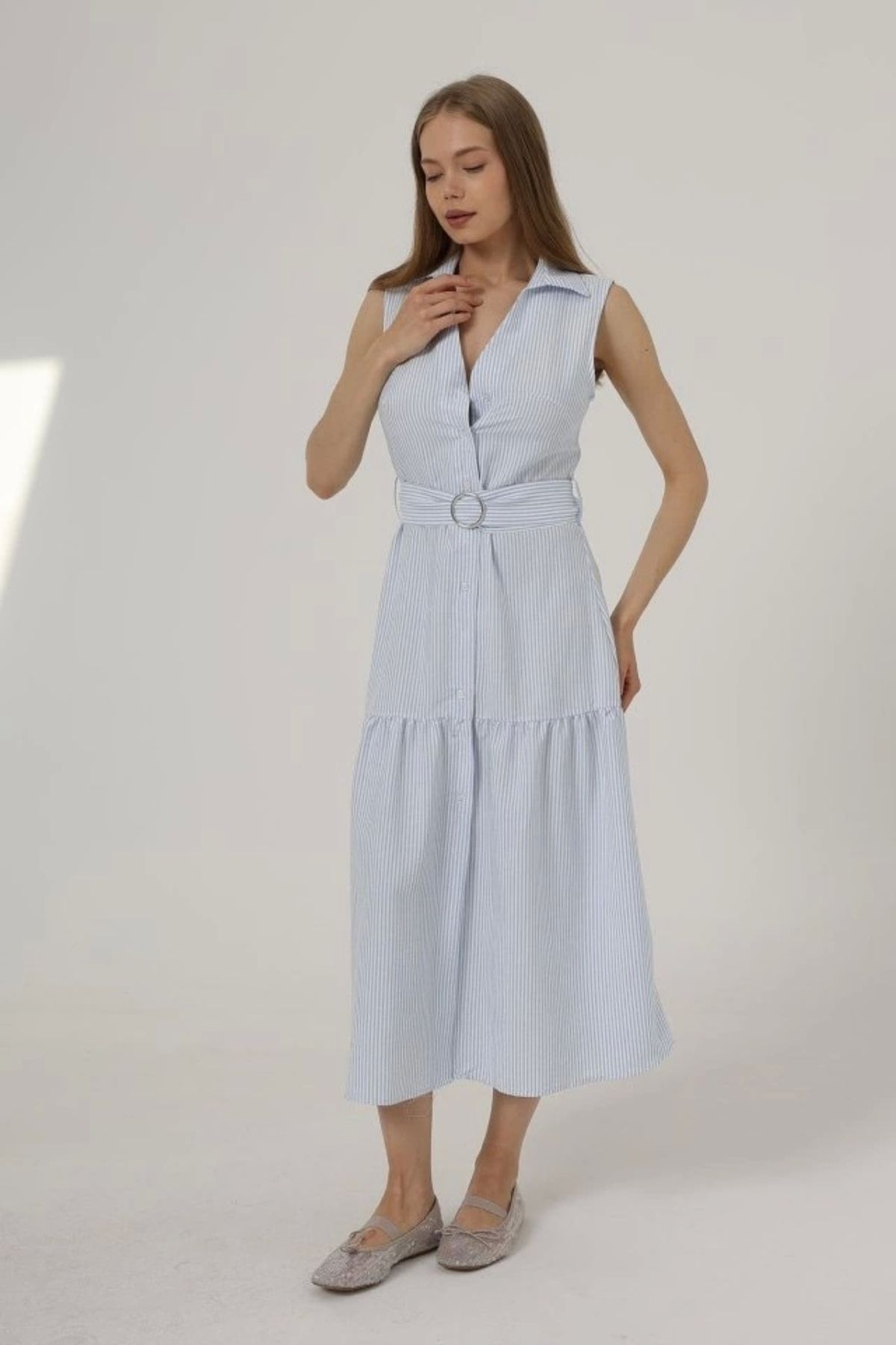 Butik Kemerli Çizgili Elbise - Mavi