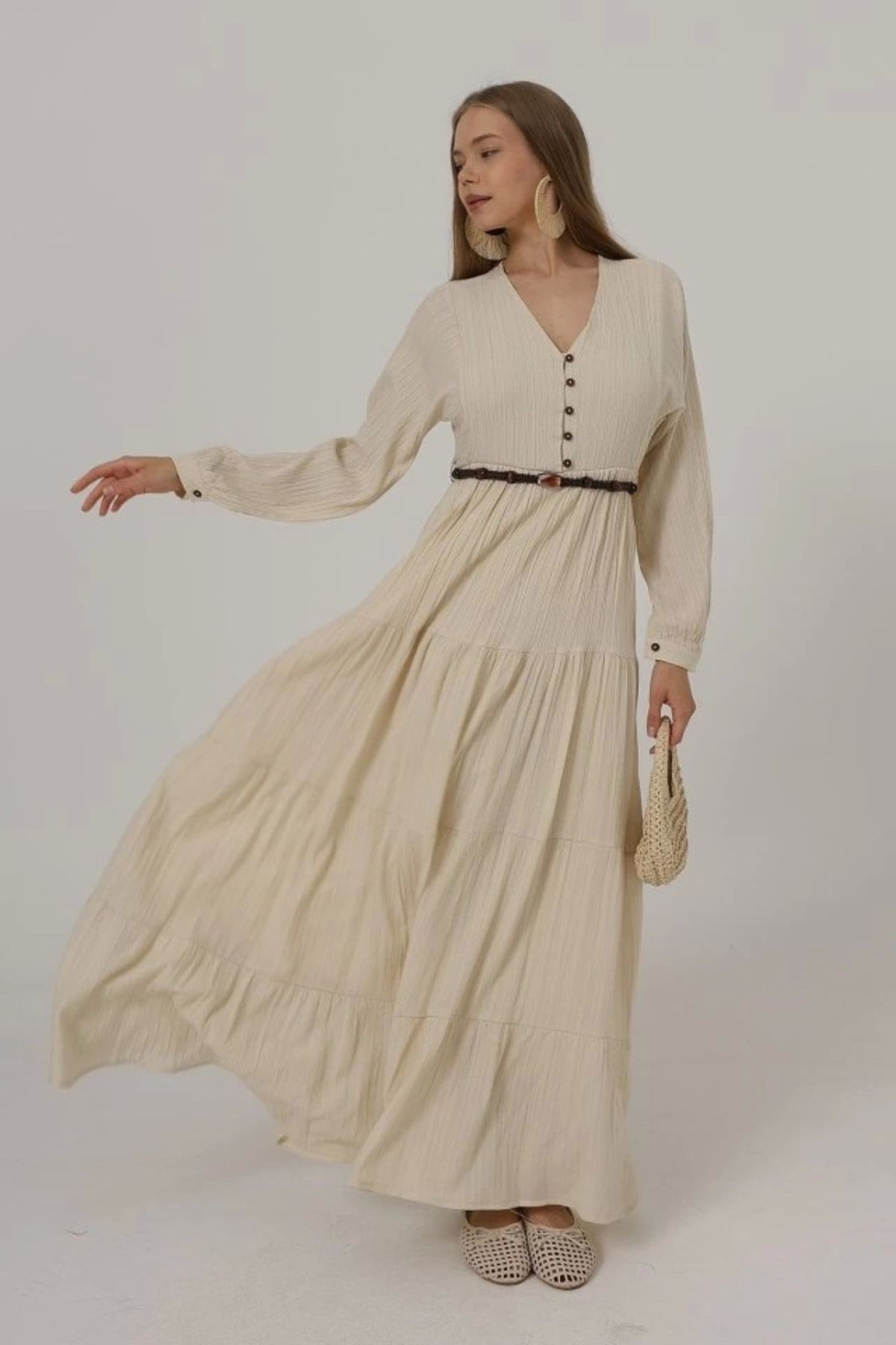 Butik Önü Yarım Düğmeli Uzun Kol Kemerli Elbise - Taş