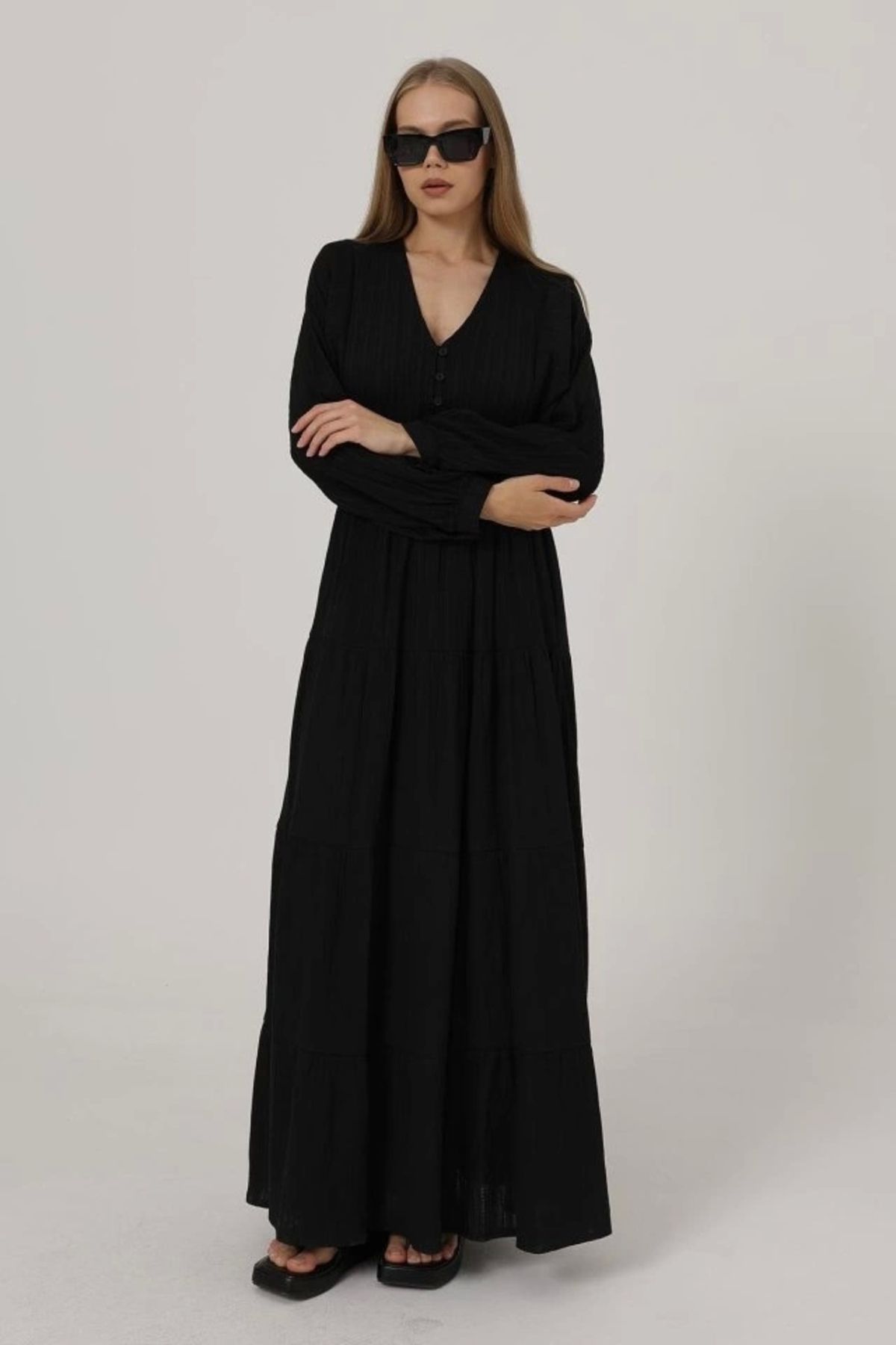 Butik Önü Yarım Düğmeli Uzun Kol Kemerli Elbise - Siyah