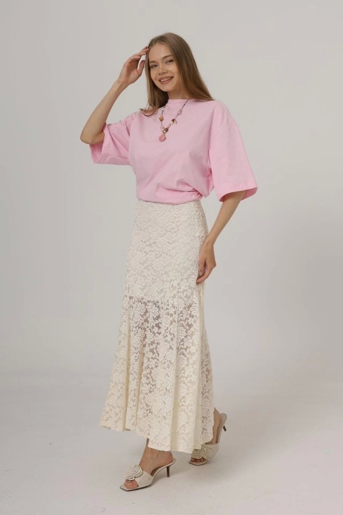 Butik Bel Lastikli Dantel Etek - Krem