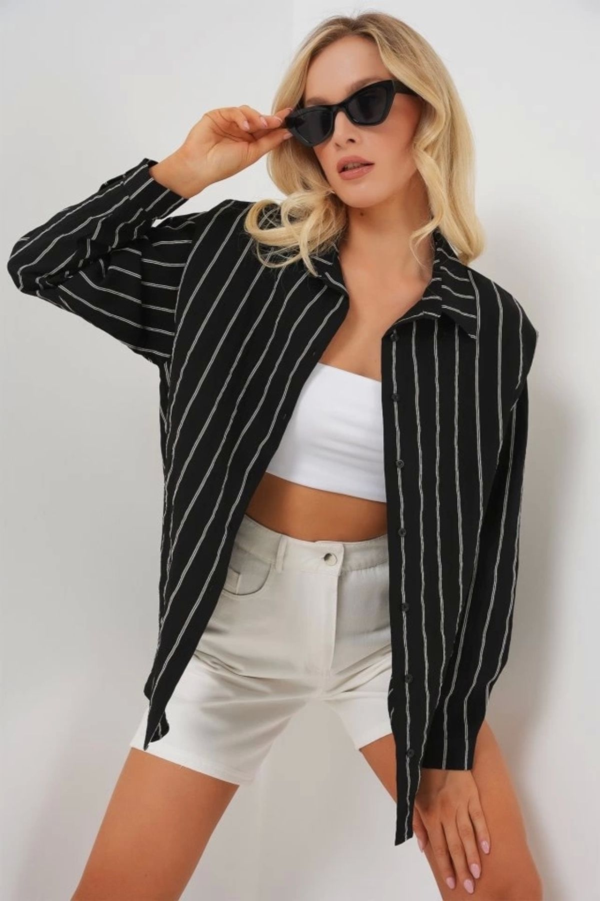 Butik 3900 Oversize Uzun Basic Gömlek - C. Siyah