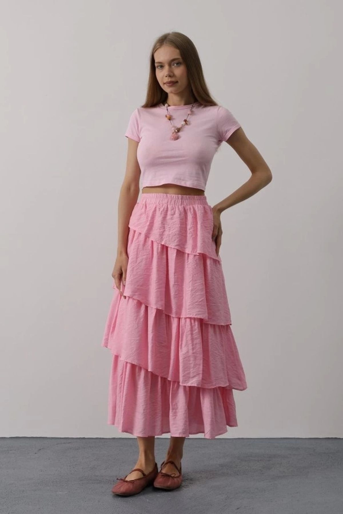 Butik Katlı Kesim Uzun Etek - Pembe
