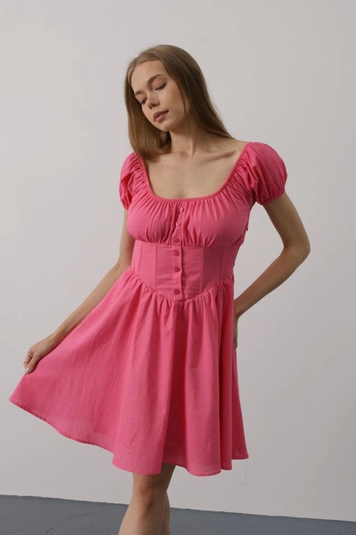 Butik Beli Korseli Mini Elbise - Fuşya