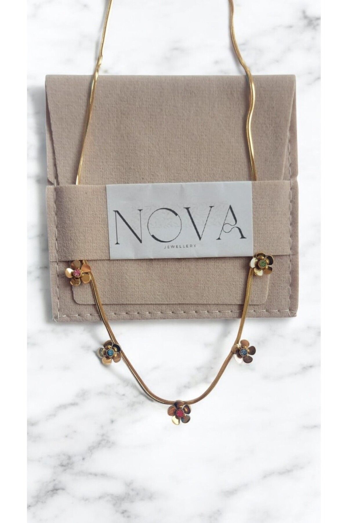 NOVA JEWELLERY Ezme Zincir Küçük Çiçek Detaylı Paslanmaz Çelik Kolye |STEEL NECKLACE