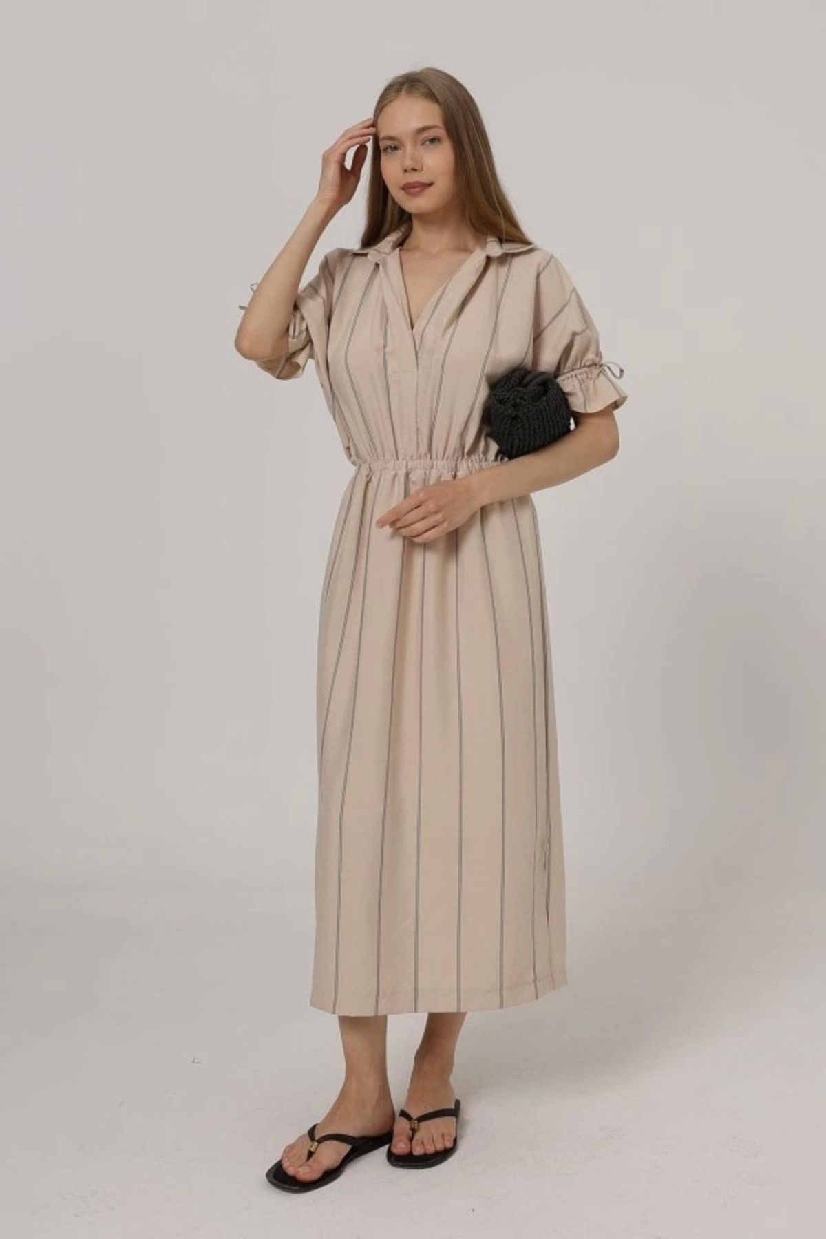 Butik Beli Lastikli Elbise - Taş