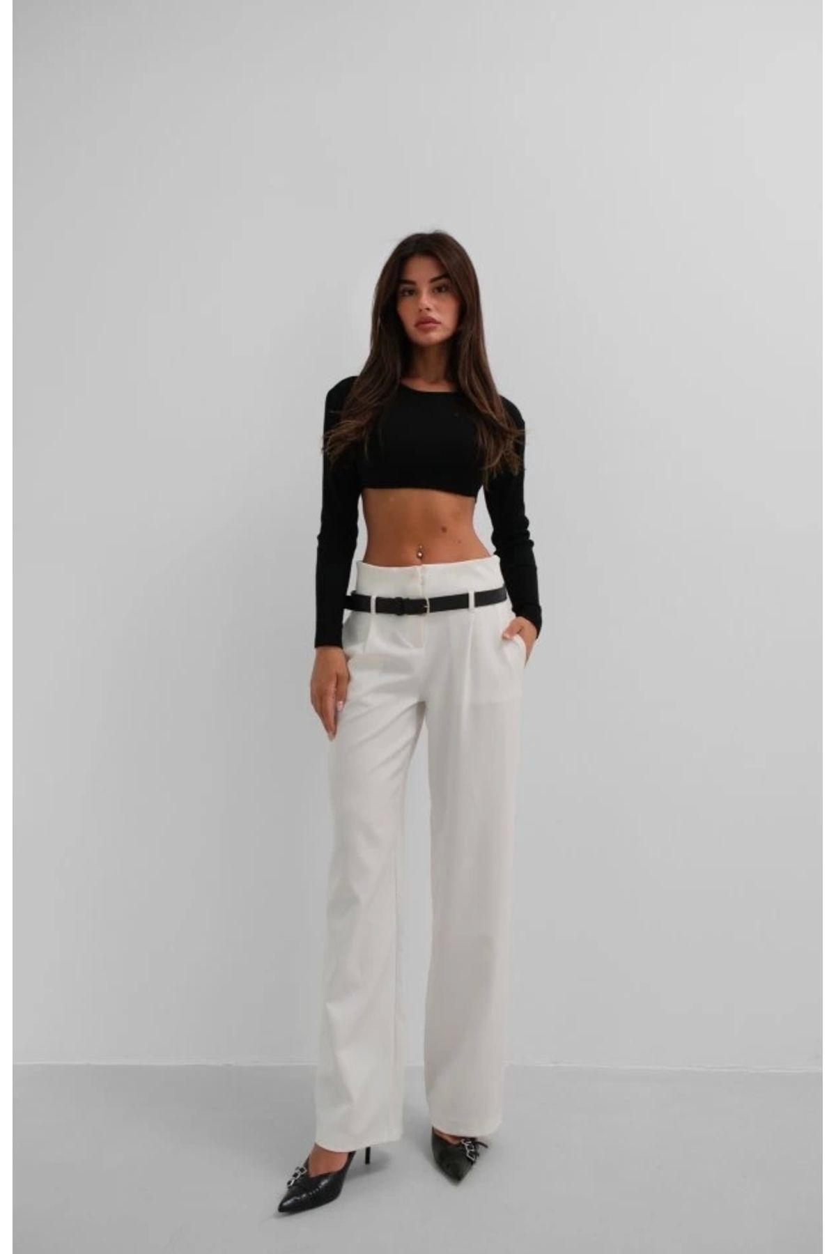 Butik Kemer Detay Yüksek Bel Pantolon