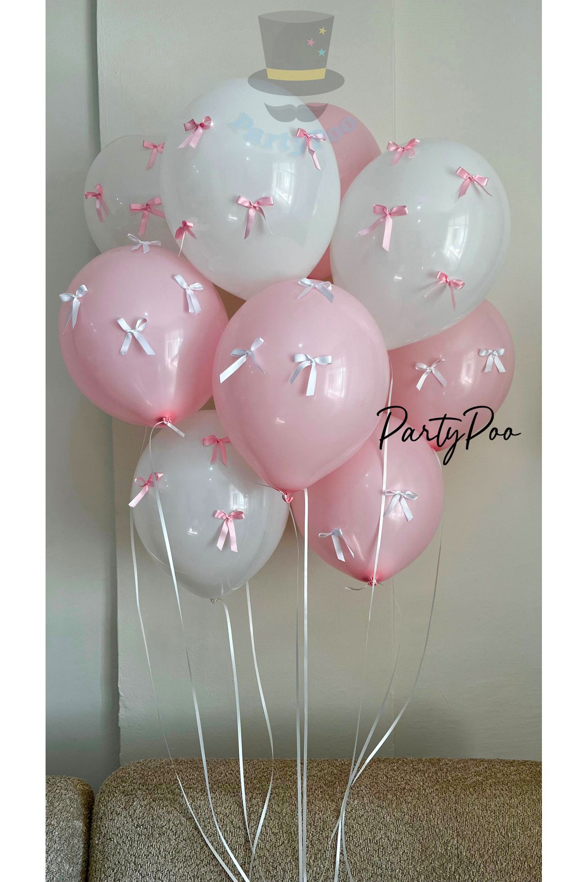 PartyPoo Pembe ve Beyaz Fiyonk Kurdeleli Pembe-beyaz Balon Seti 10'lu Doğum Günü Seti Fiyonklu Balon