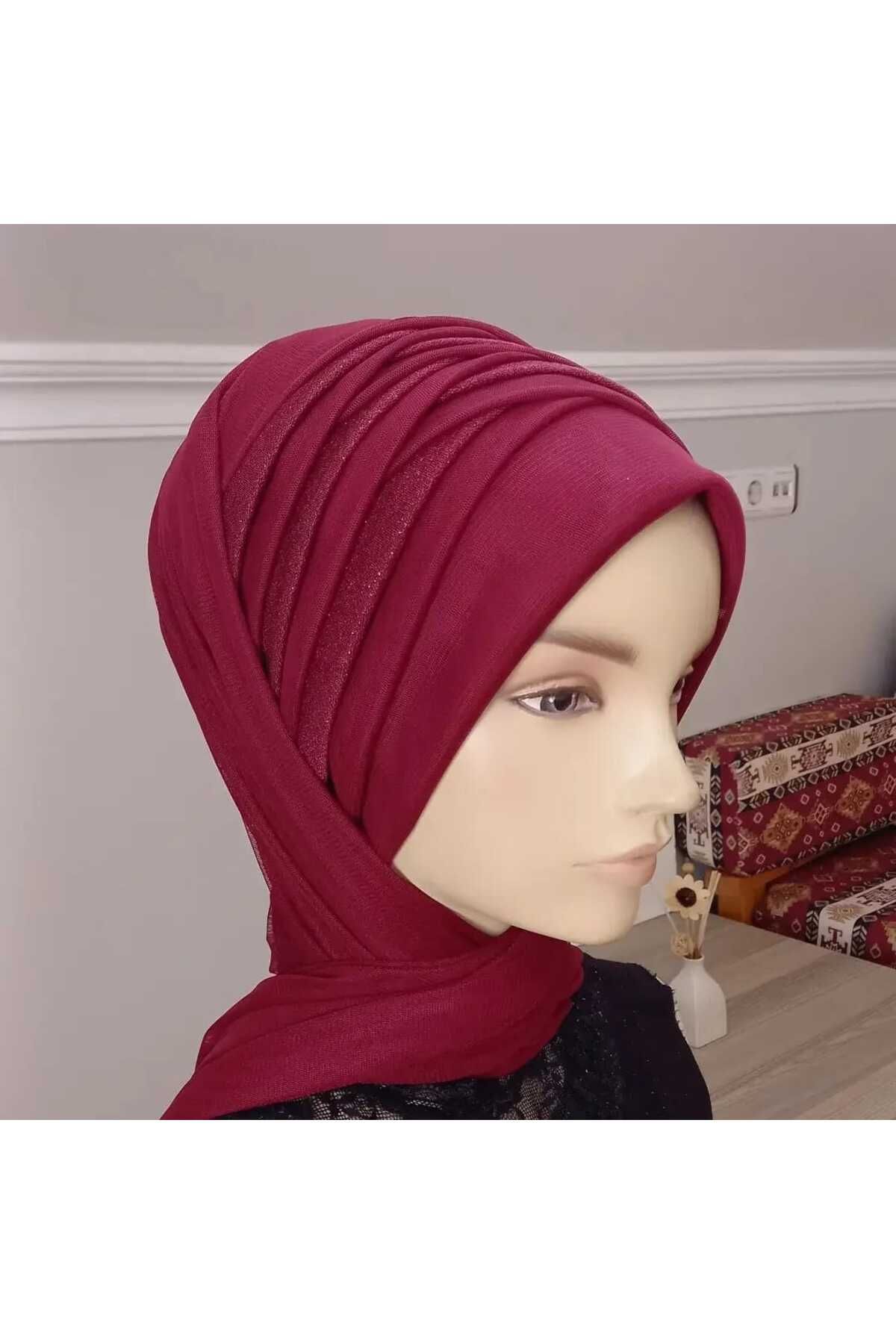 BERKE TUHAFIYE AKSESUAR Bordo Eşarp Tipi Bordo Simli Drape Şal Modeli Hazır Duvak Hazır Şal Hazır Türban