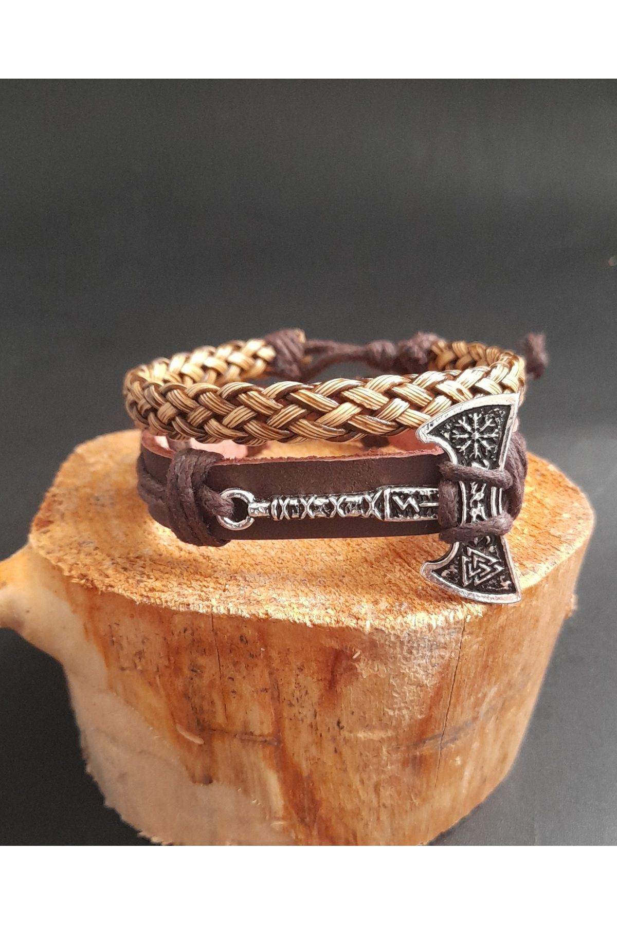 AB Takı Valknut Balta Figürlü 2'li Moda Hakiki Deri Bileklik