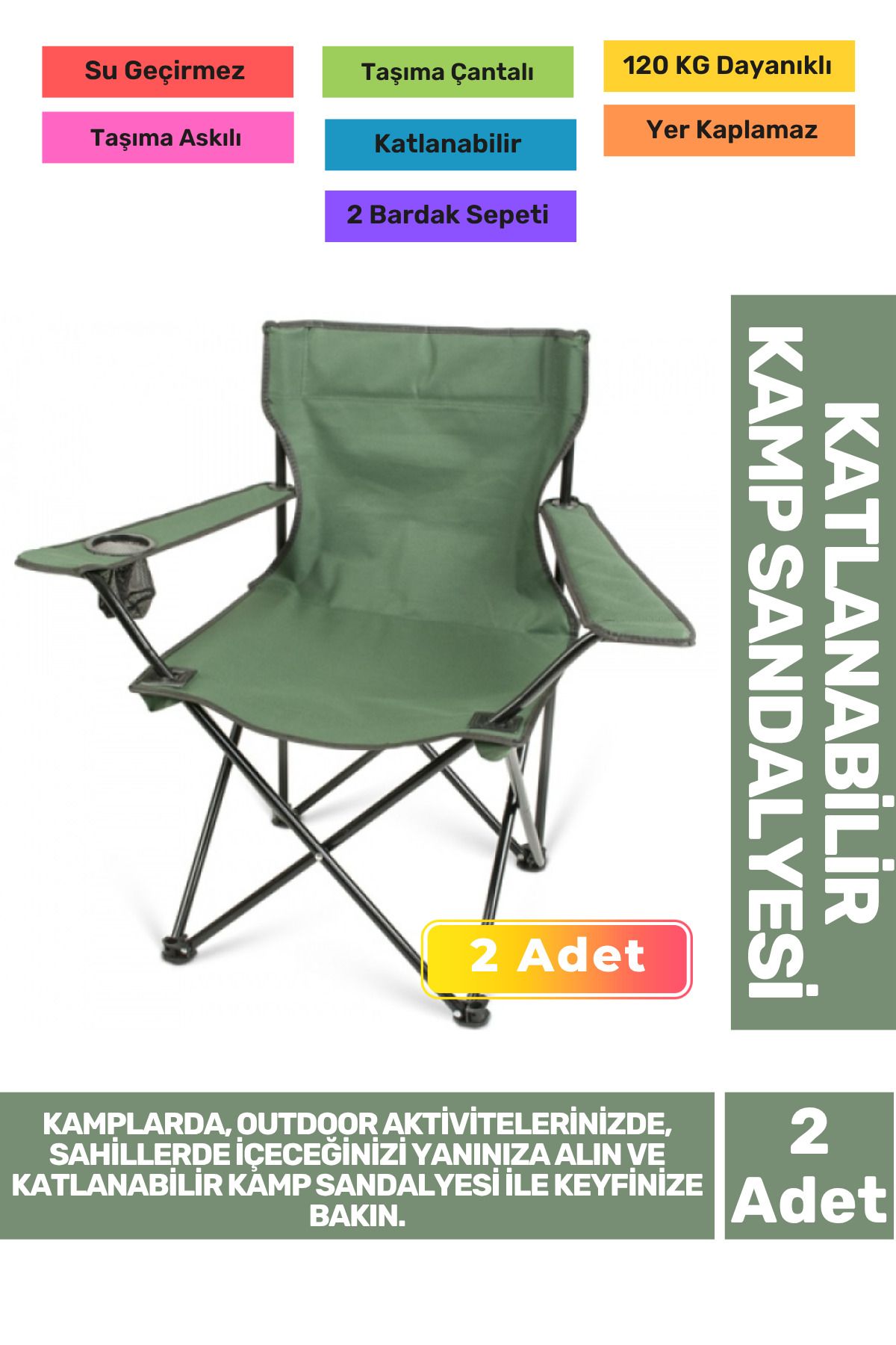 Fantazer Su Geçirmez 120 Kg Dayanıklı Çantalı Katlanabilir Taşıma Askılı Balık Piknik Kamp Sandalye 2'li Set