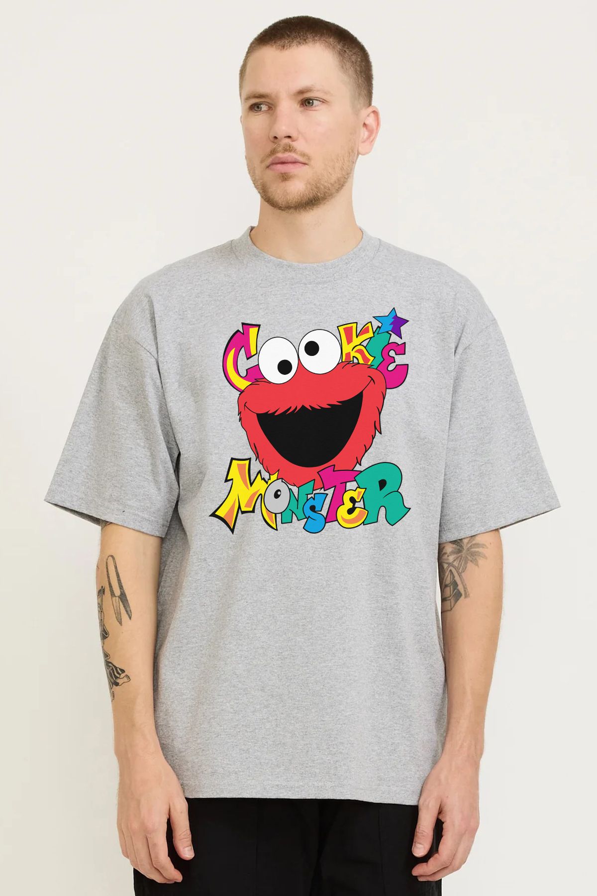 MODA Cookie Monster Kurabiye Canavarı Baskılı Oversize Kalıp Grimelanj Bol Geniş Kesim Erkek Tişört