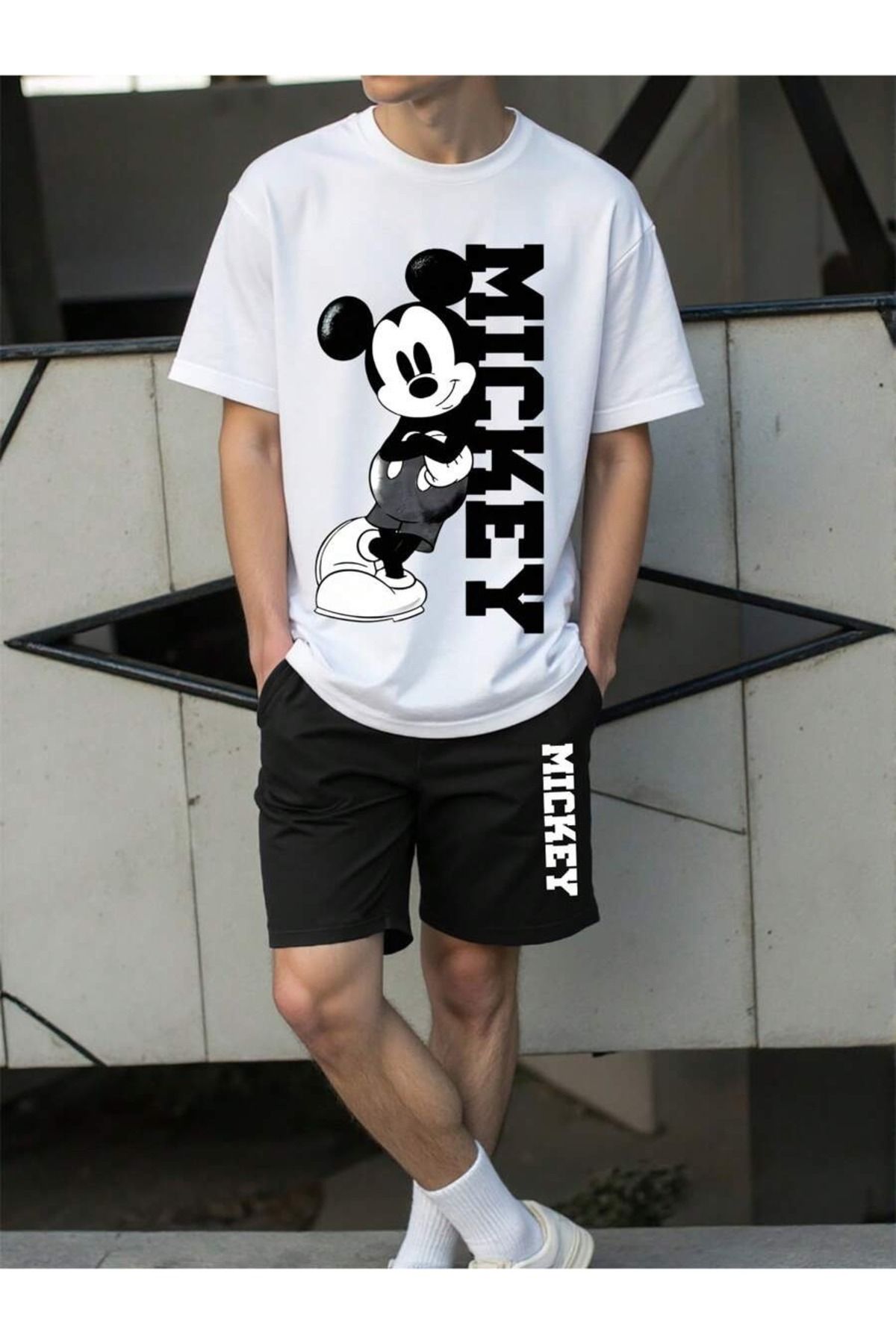 OVER HEAD Erkek Beyaz Mickey Baskılı Oversize Şort T-shirt Takım