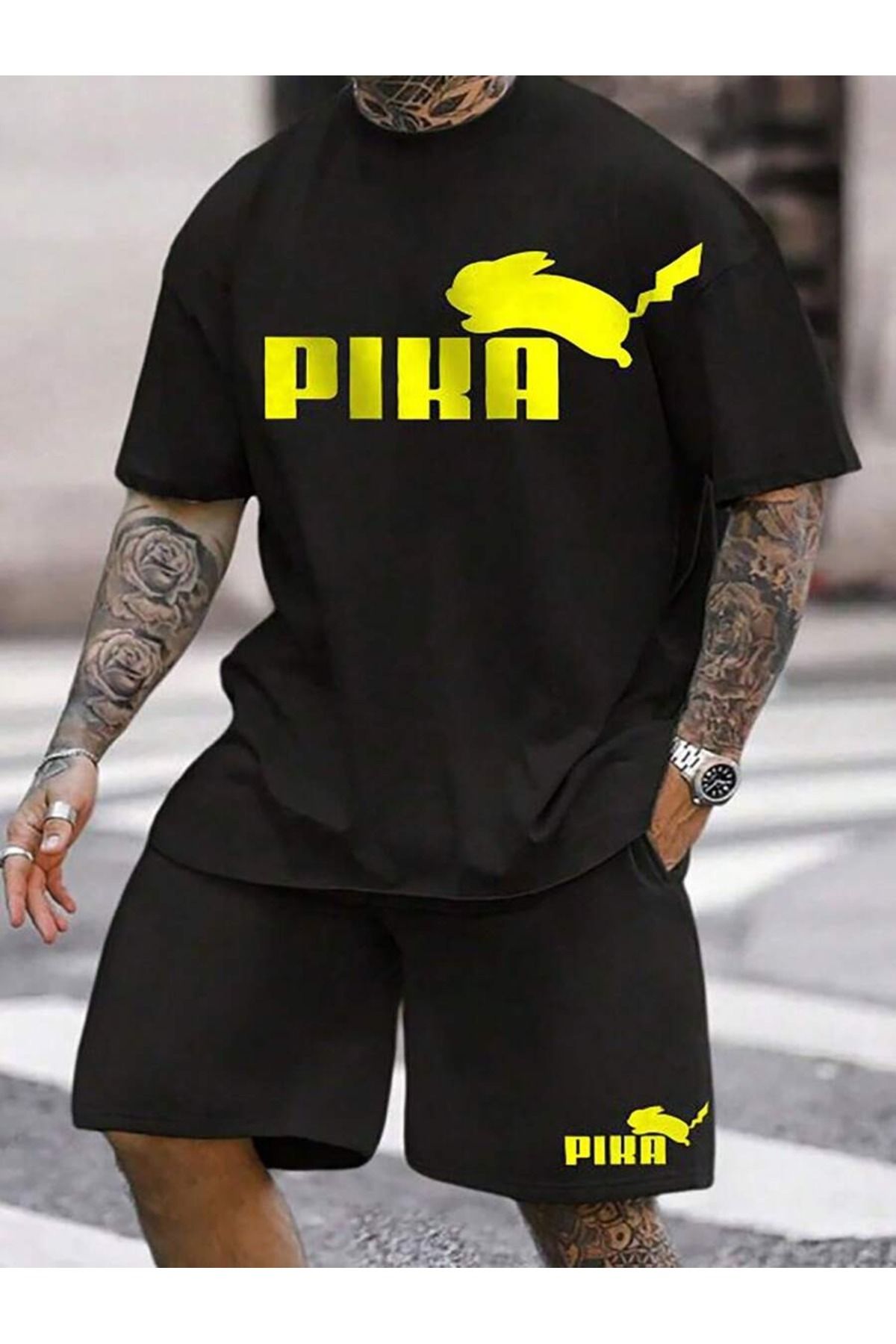 OVER HEAD Erkek Siyah Pika Baskılı Oversize Şort T-shirt Takım
