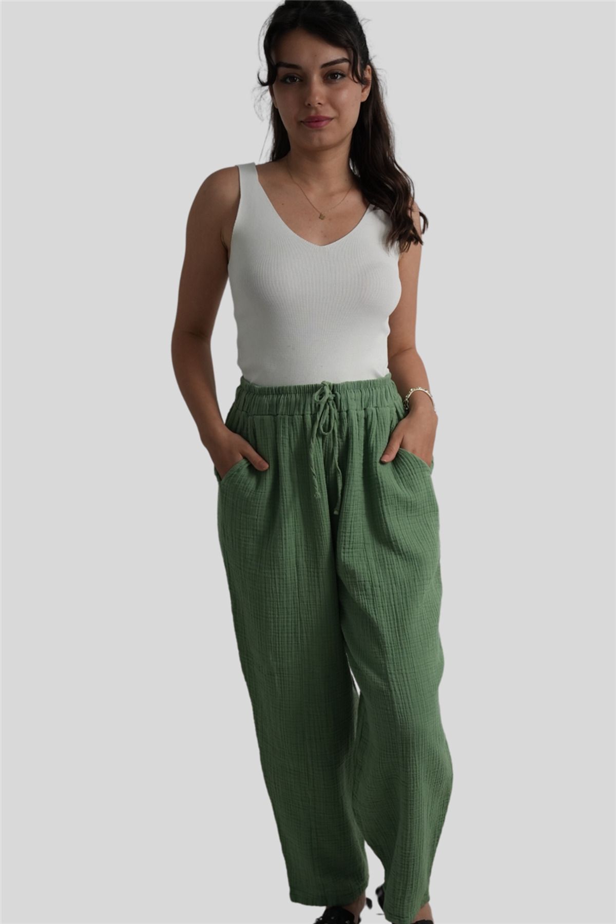 Miss Boheme Haki Beli Lastikli Müslin Pantolon