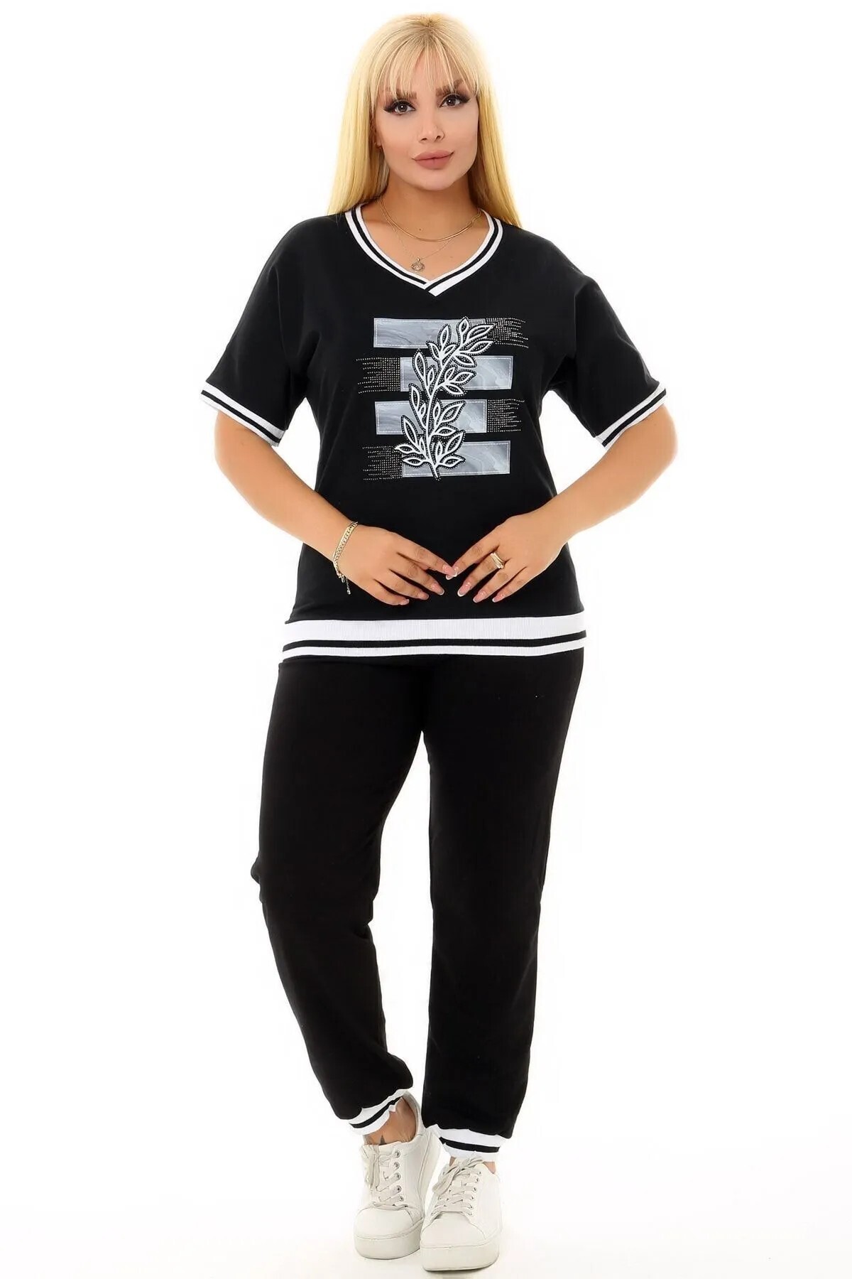 Kheos-V-Neck Short Sleeve Block Leaf Stone Printed Casual Fit Style Suit with Drawstring Waist and Elastic Double Pockets 5