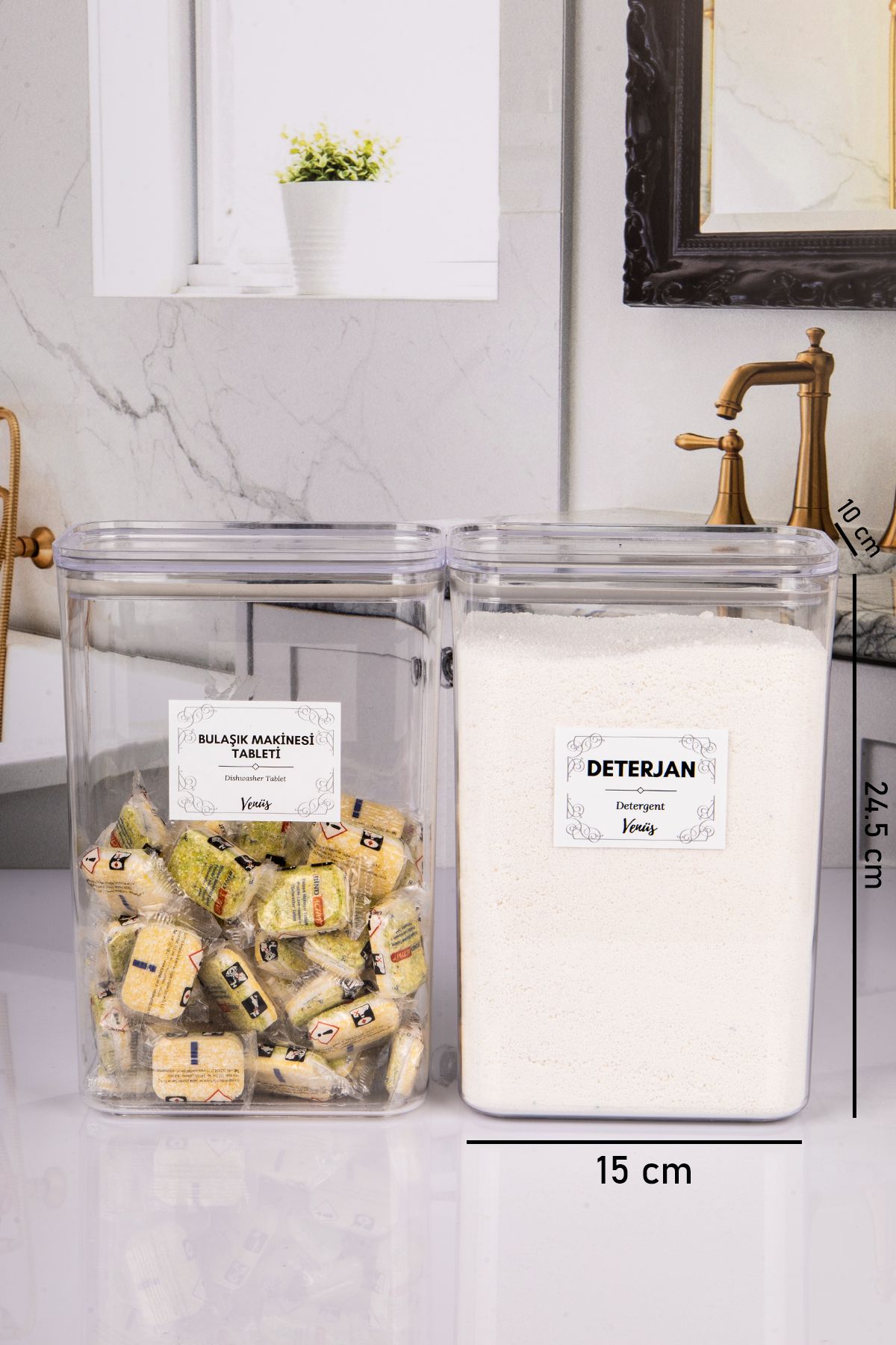 naturelove 2 Adet Vakumlu Kapaklı Tablet ve Toz Deterjan Etiketli Kutu Akrilik 3 Litre