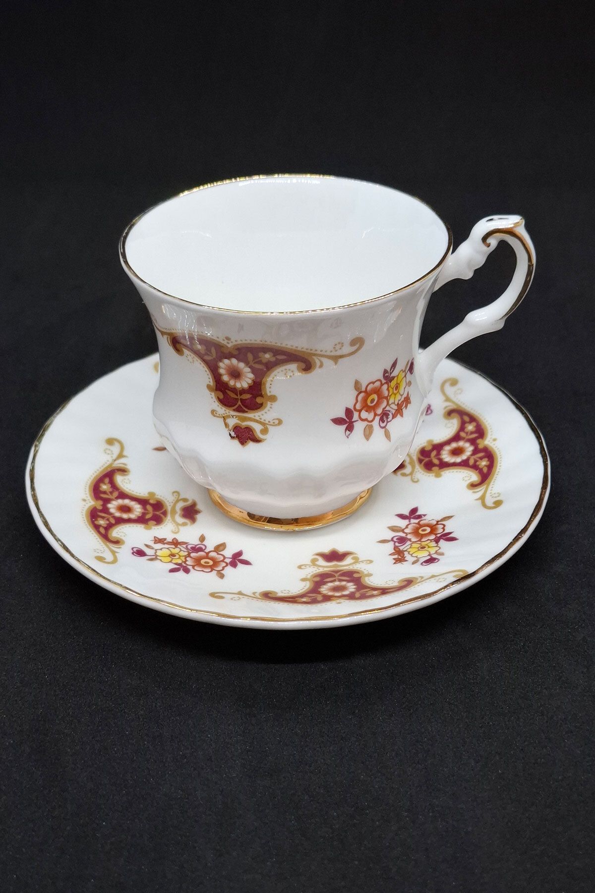 ABBETC Fine Bone China İngiliz Kırmızı Antika Duble Kahve Fincanı 120 ml