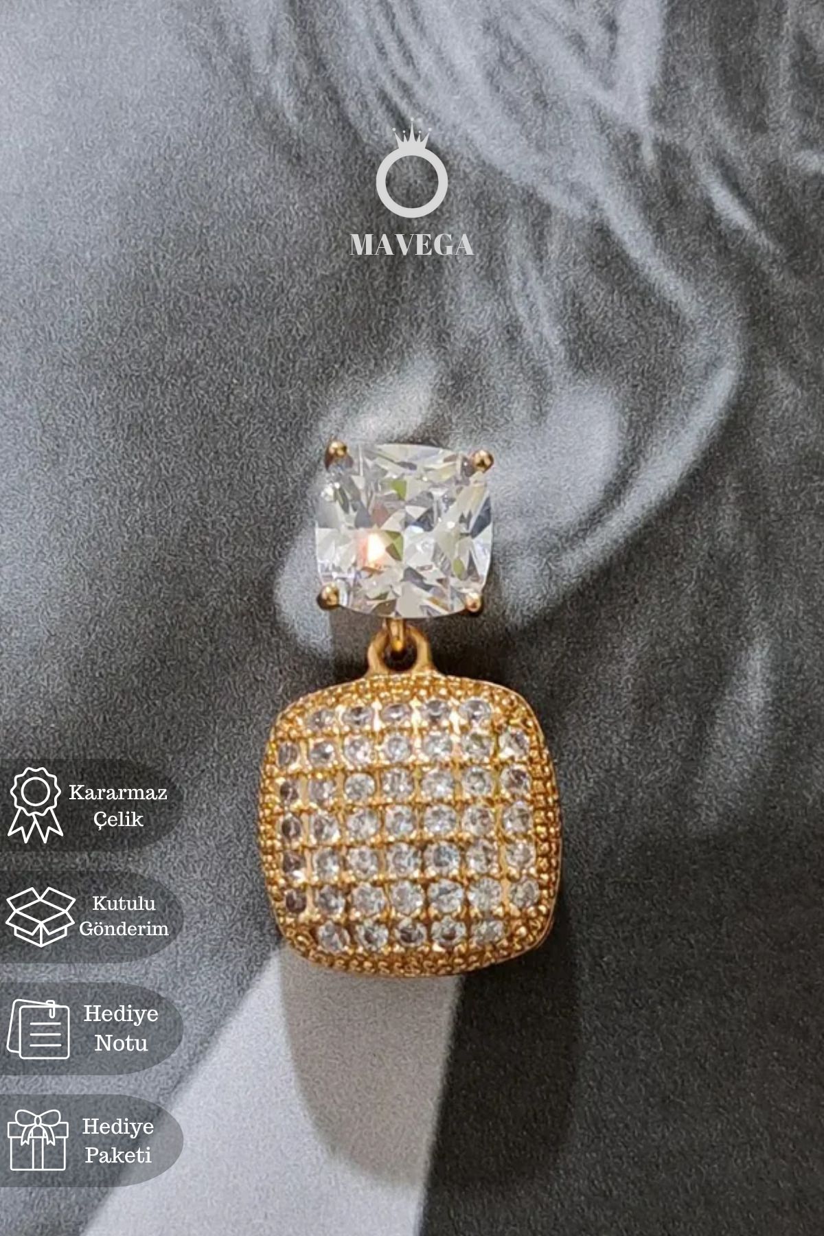 MAVEGA Yüksek Kalite Paslanmaz Kararmaz Çelik Zirkon Taşlı Kare Sallantılı Kadın Küpe | Altın Renk, 2.5 Cm
