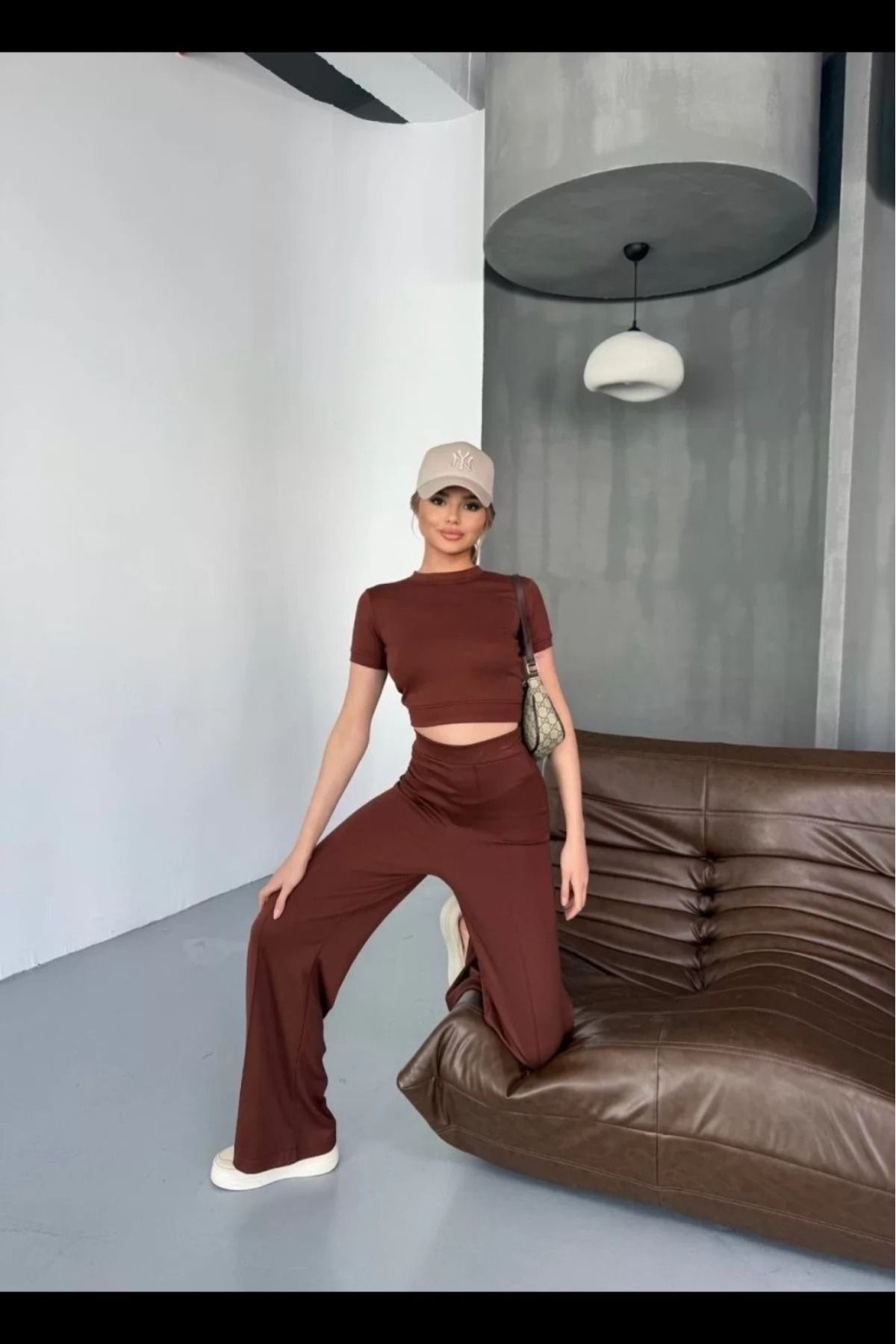 cakır and moniva Osy Modal Yumuşak Dokulu Kumaş Kısa Kollu Crop Rahat Pantalon ikili Takım