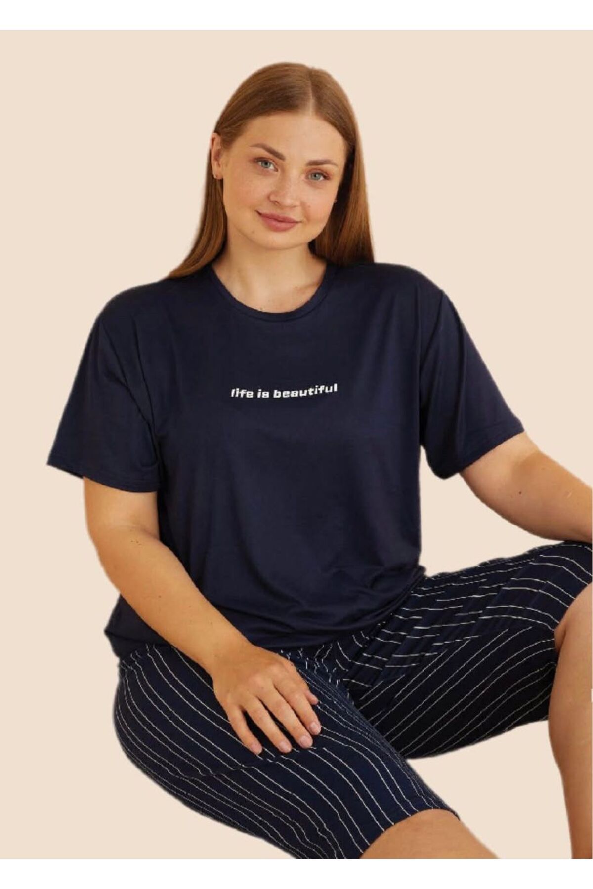 İpek Kadın Kısa Kol Kaprili Büyük Beden Pijama Takımı