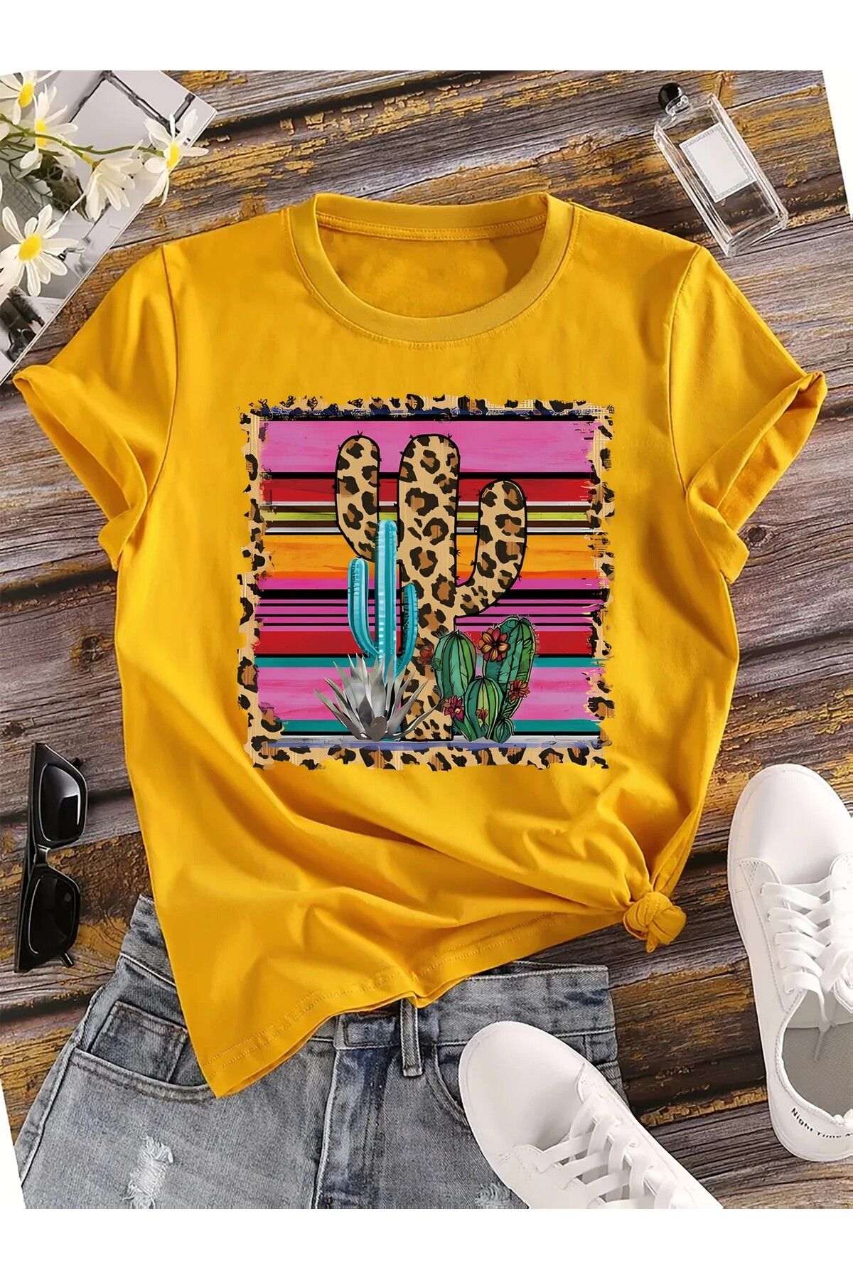 LEIVOR Kaktüs Leopar Özel tasarım Baskılı Kadın Haki T-shirt