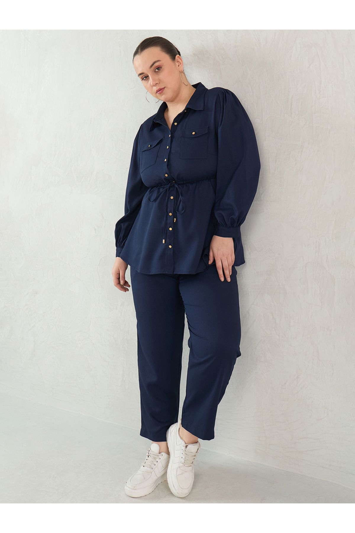 Femmella By Styli-Plus Size Button Down Top and Trousers Set 4