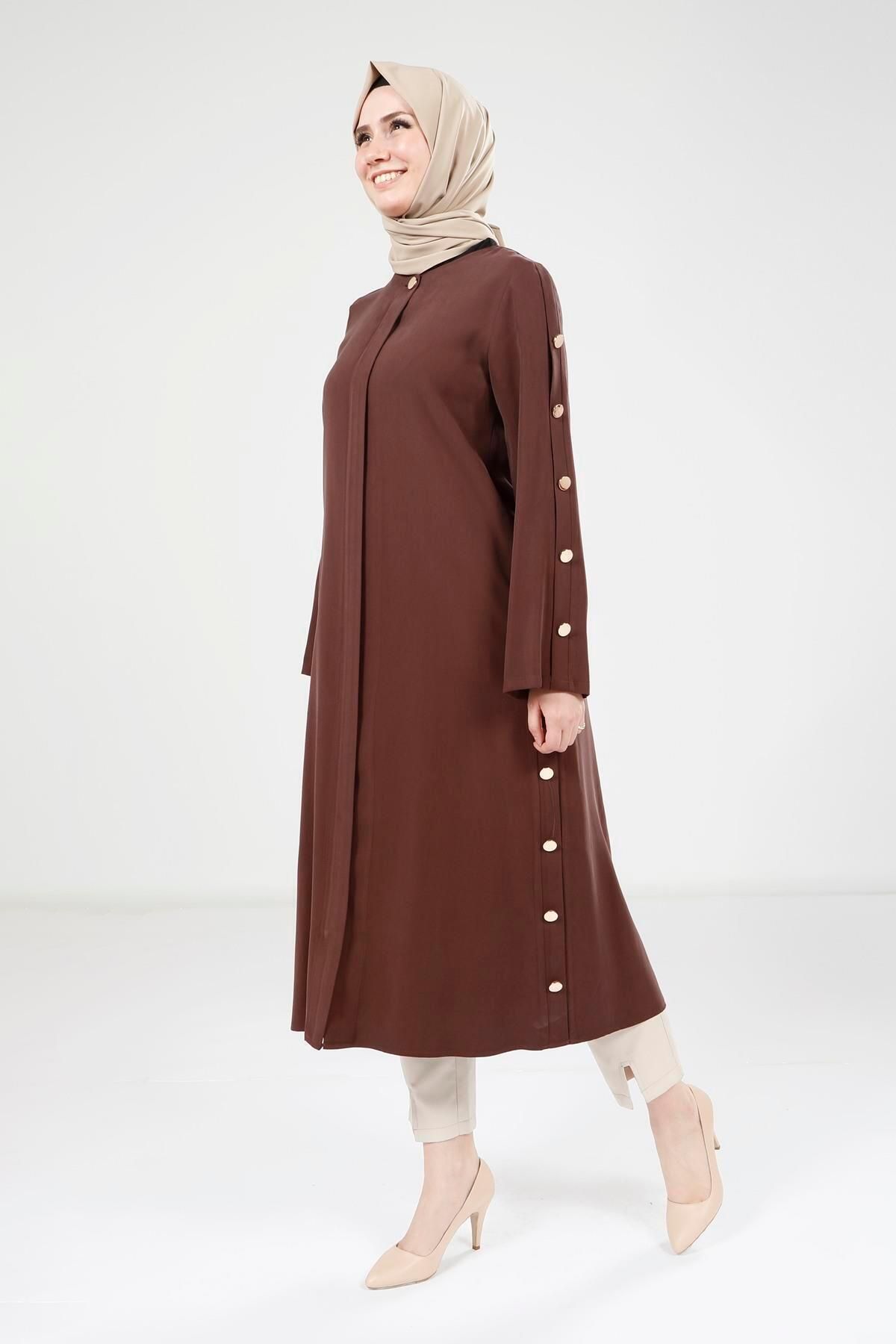 ژاکت پوشیده زنانه دکمه جزئیات دقیق رنگ قهوه 9232 Beyza
