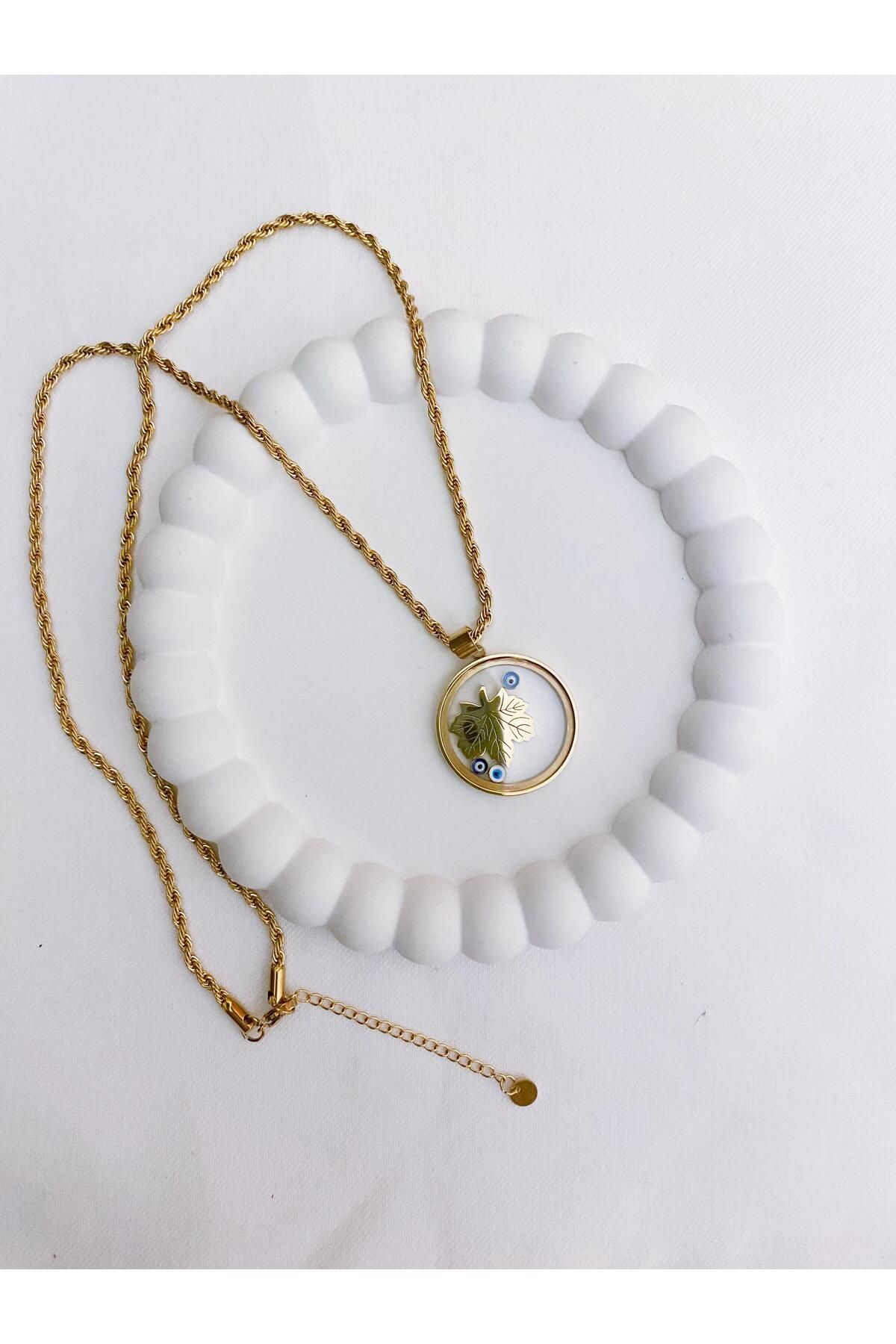 Zeta Collection Perline Blu Zincir Fanuslu Çınar yaprağı Modern kolye- kararma yapmaz
