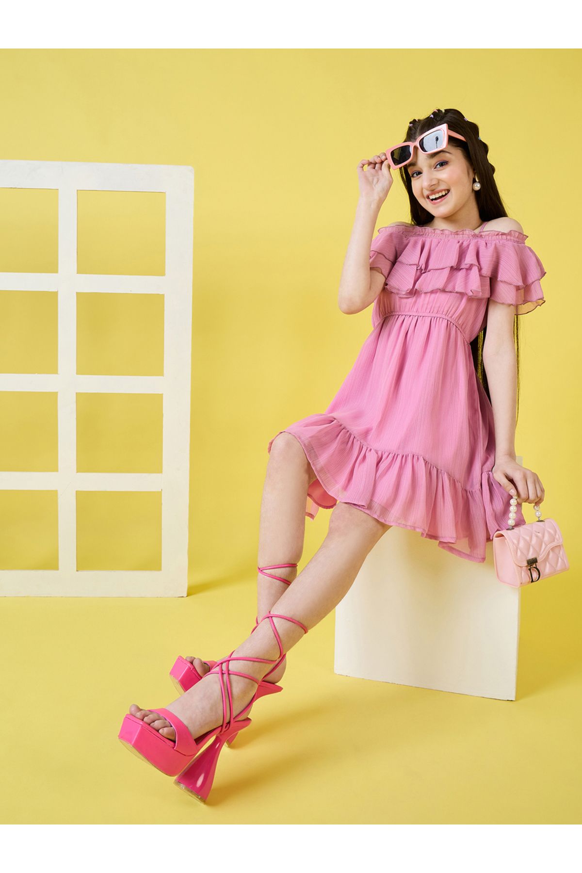 Stylo Bug By Styli-Solid Cold-Shoulder Sleeves Ruffled Dress 6