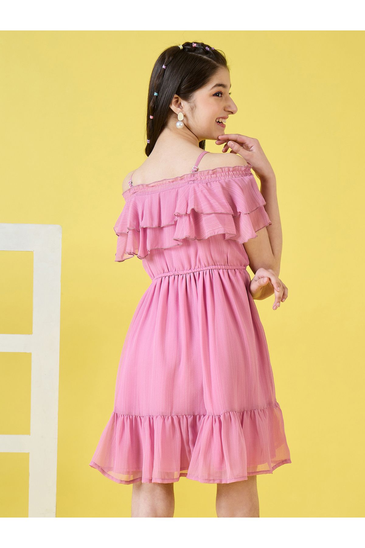 Stylo Bug By Styli-Solid Cold-Shoulder Sleeves Ruffled Dress 4