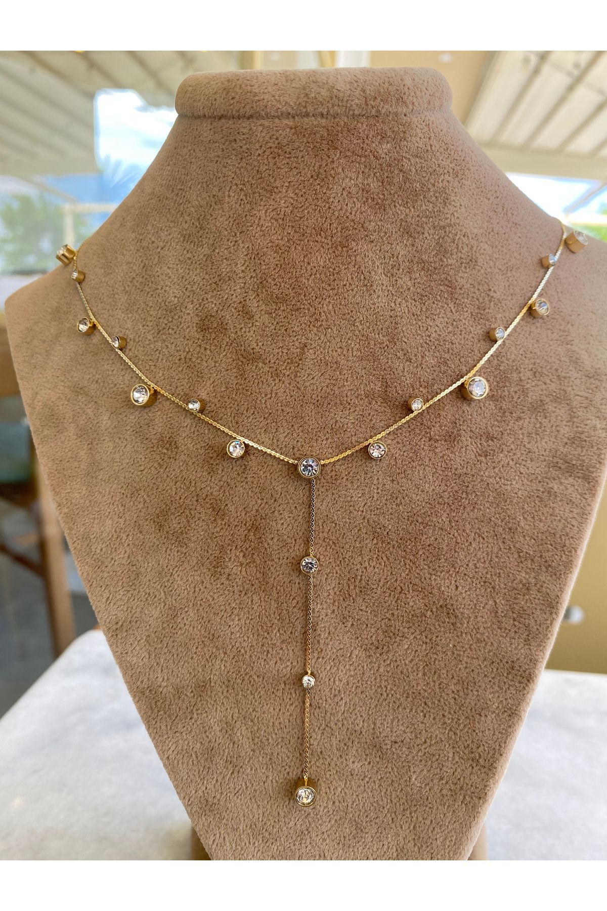 Moonjy Çelik Gold Zirkon Taşlı Crystal Rain Y Kolye