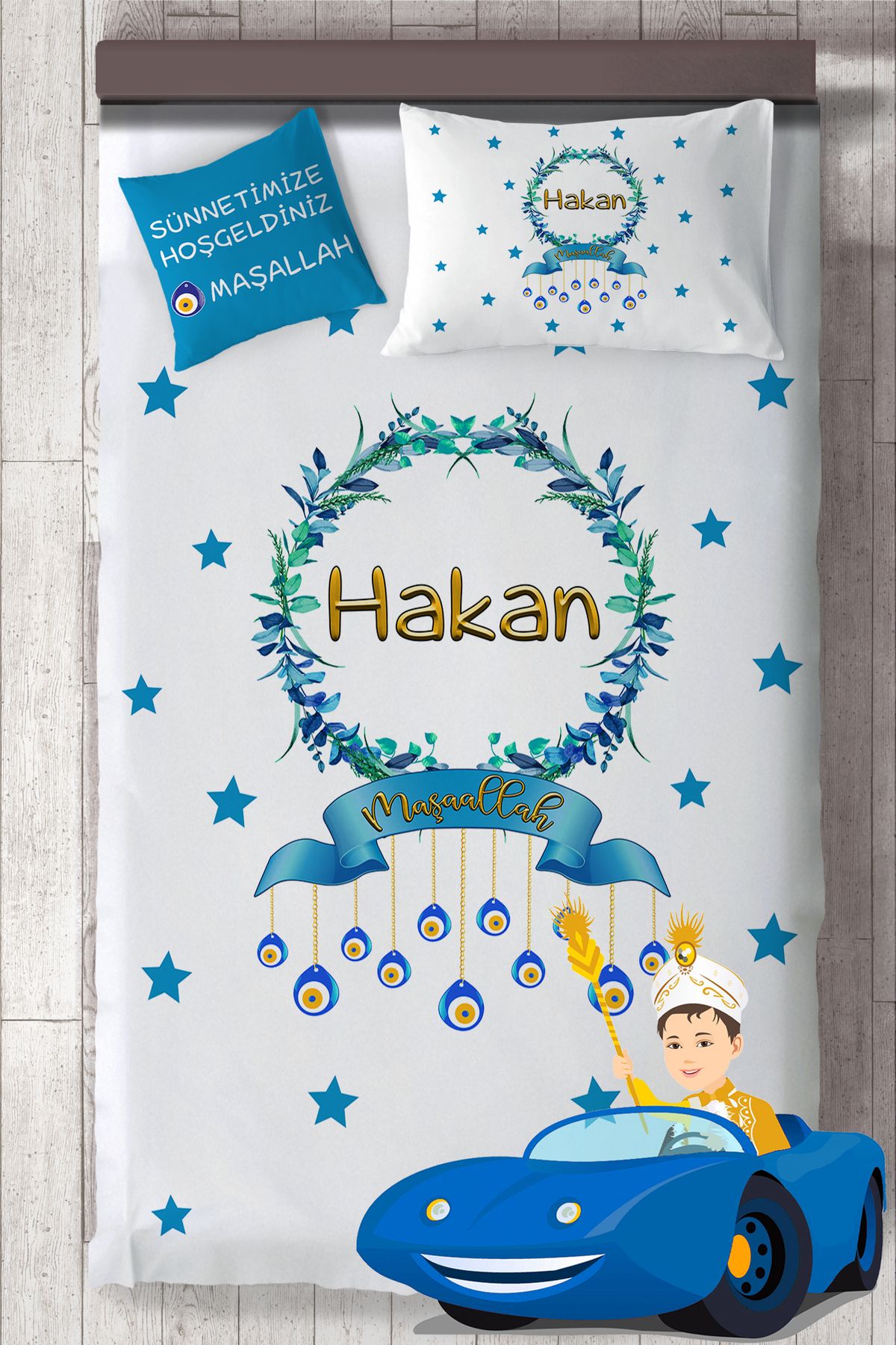 Nihal Süeda Kişiye Özel Nazar Boncuk Baskılı Sünnet Yatak Örtüsü